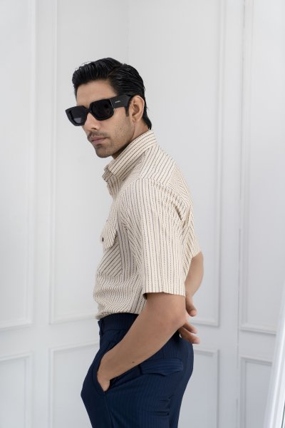 Half Sleeve Striped Shirt In Brown