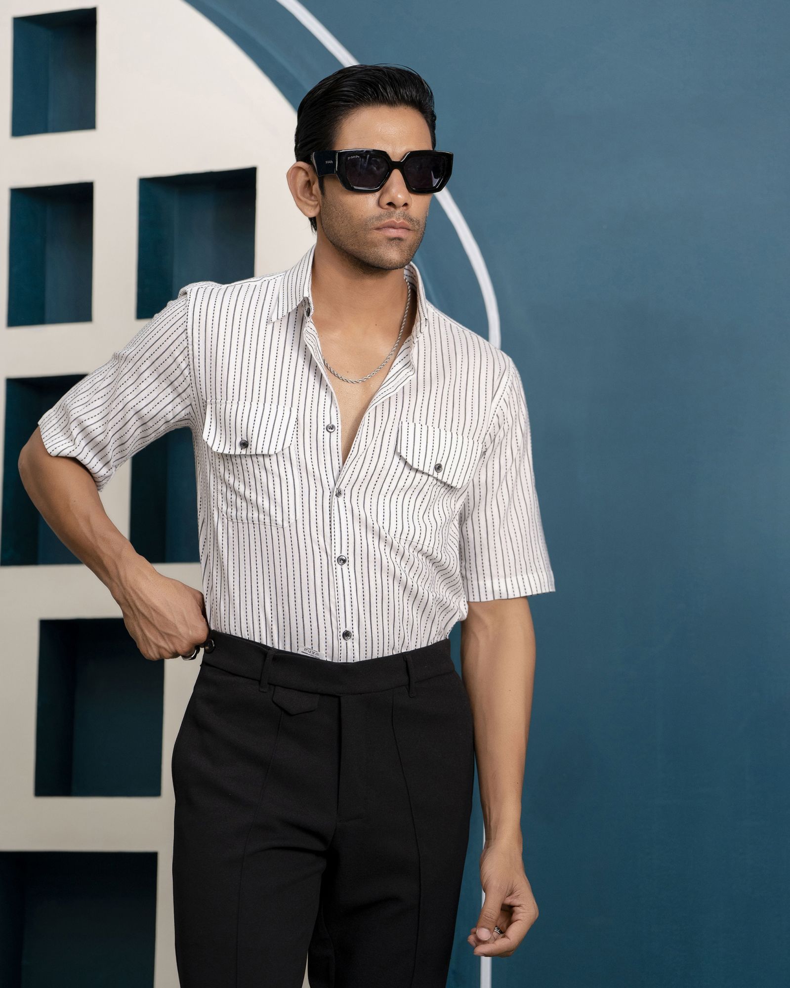 Half Sleeve Striped Shirt In White