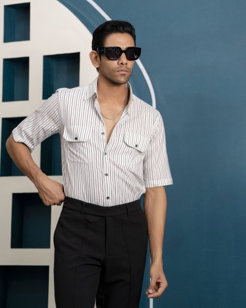 Half Sleeve Striped Shirt In White