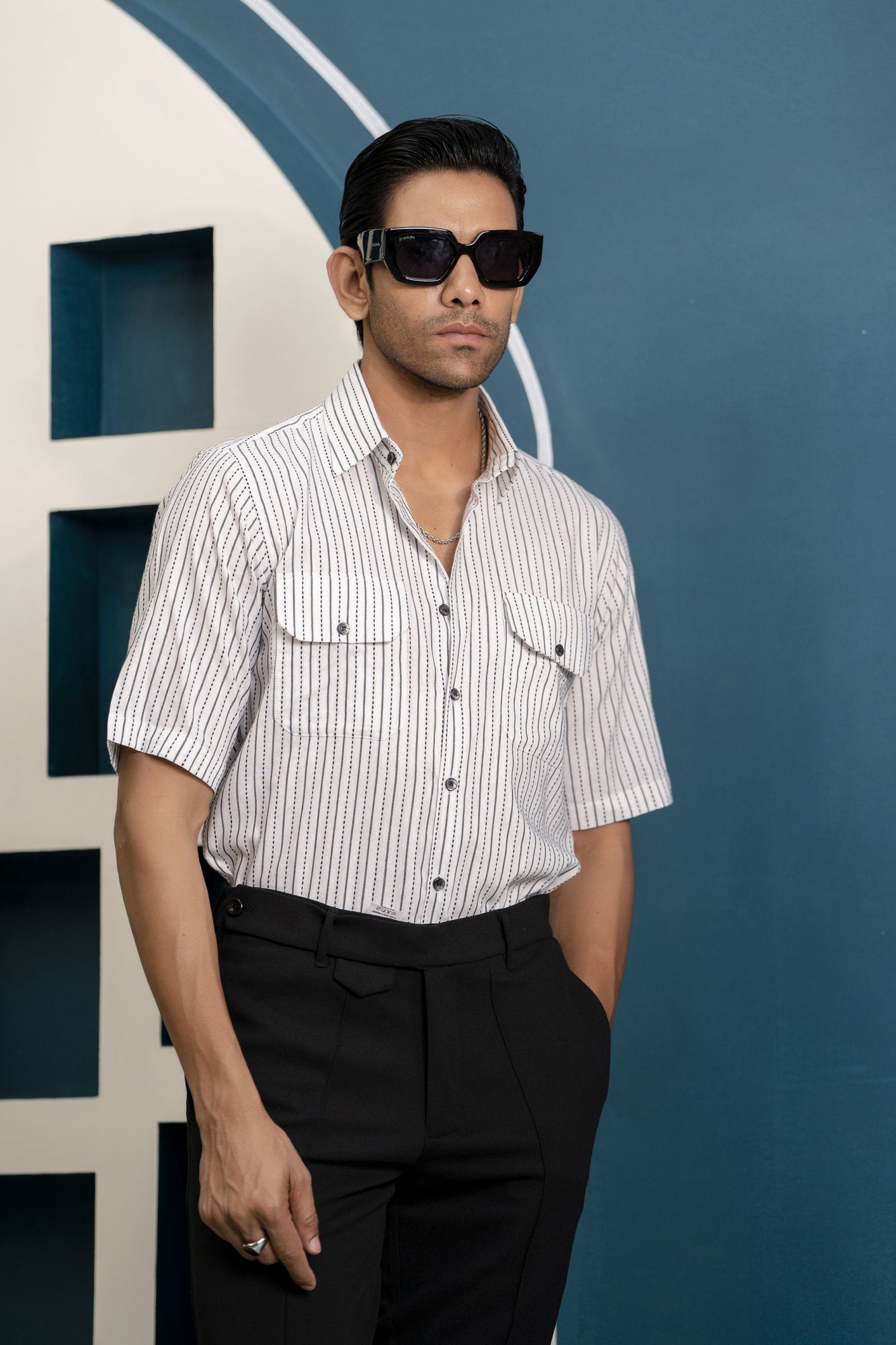 Half Sleeve Striped Shirt In White