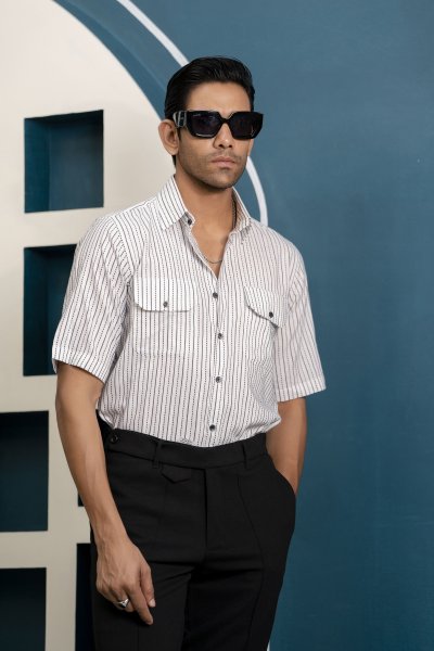 Half Sleeve Striped Shirt In White