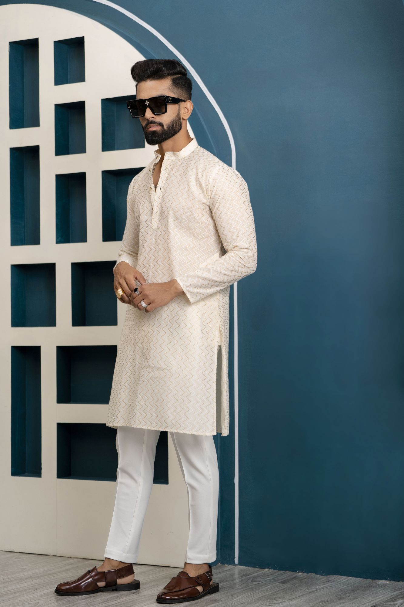 Off White Textured Kurta