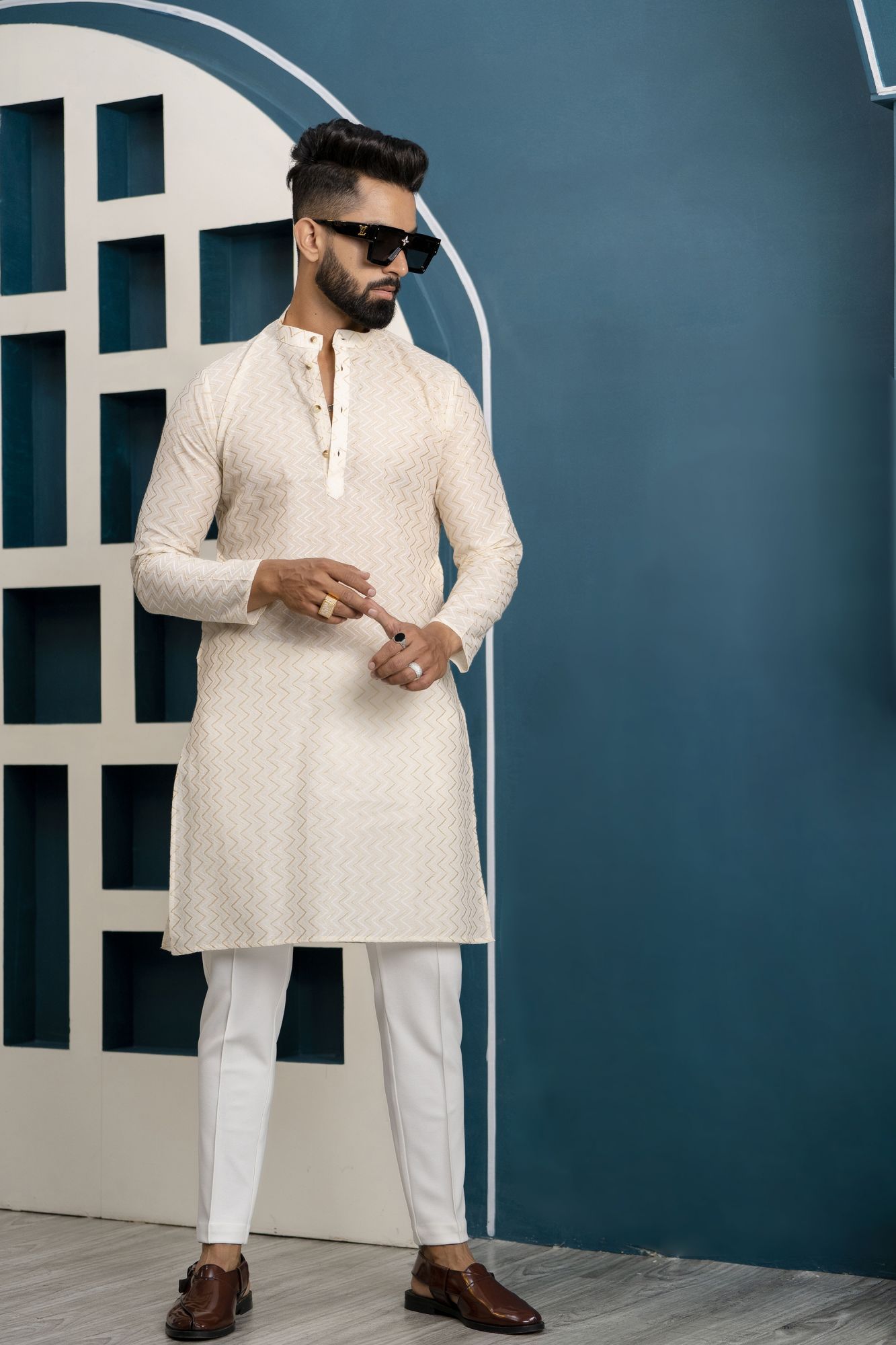 Off White Textured Kurta