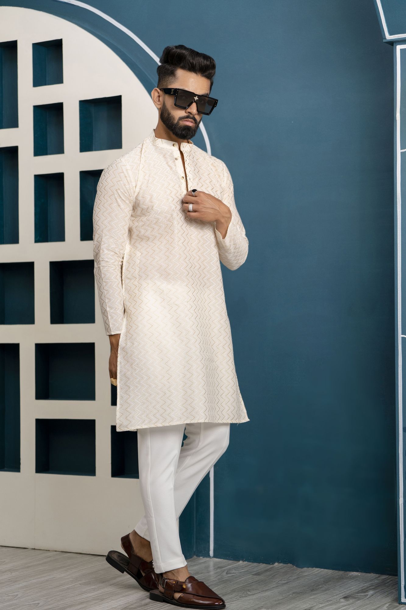 Off White Textured Kurta