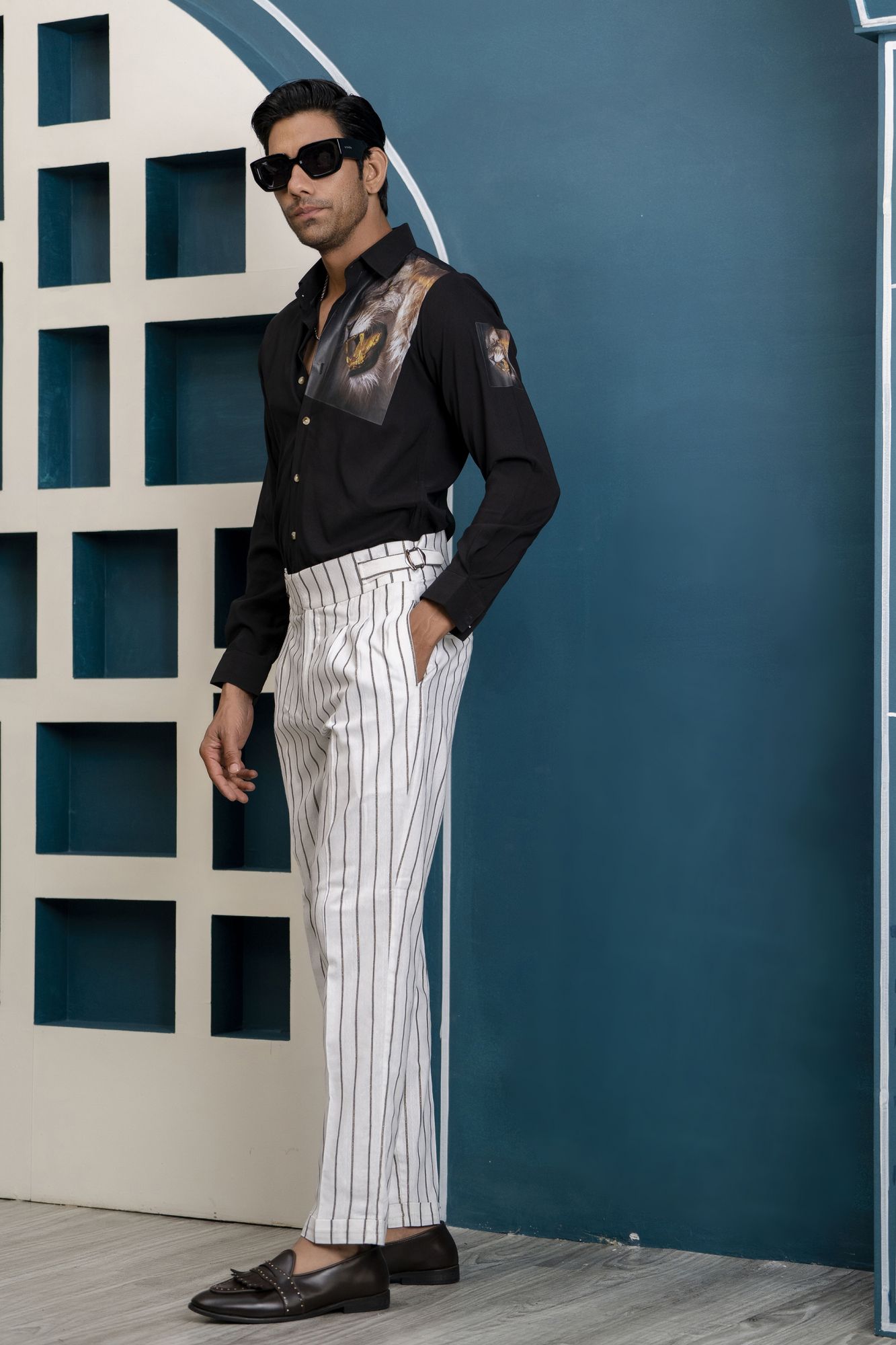 Striped High Waist Pants In White