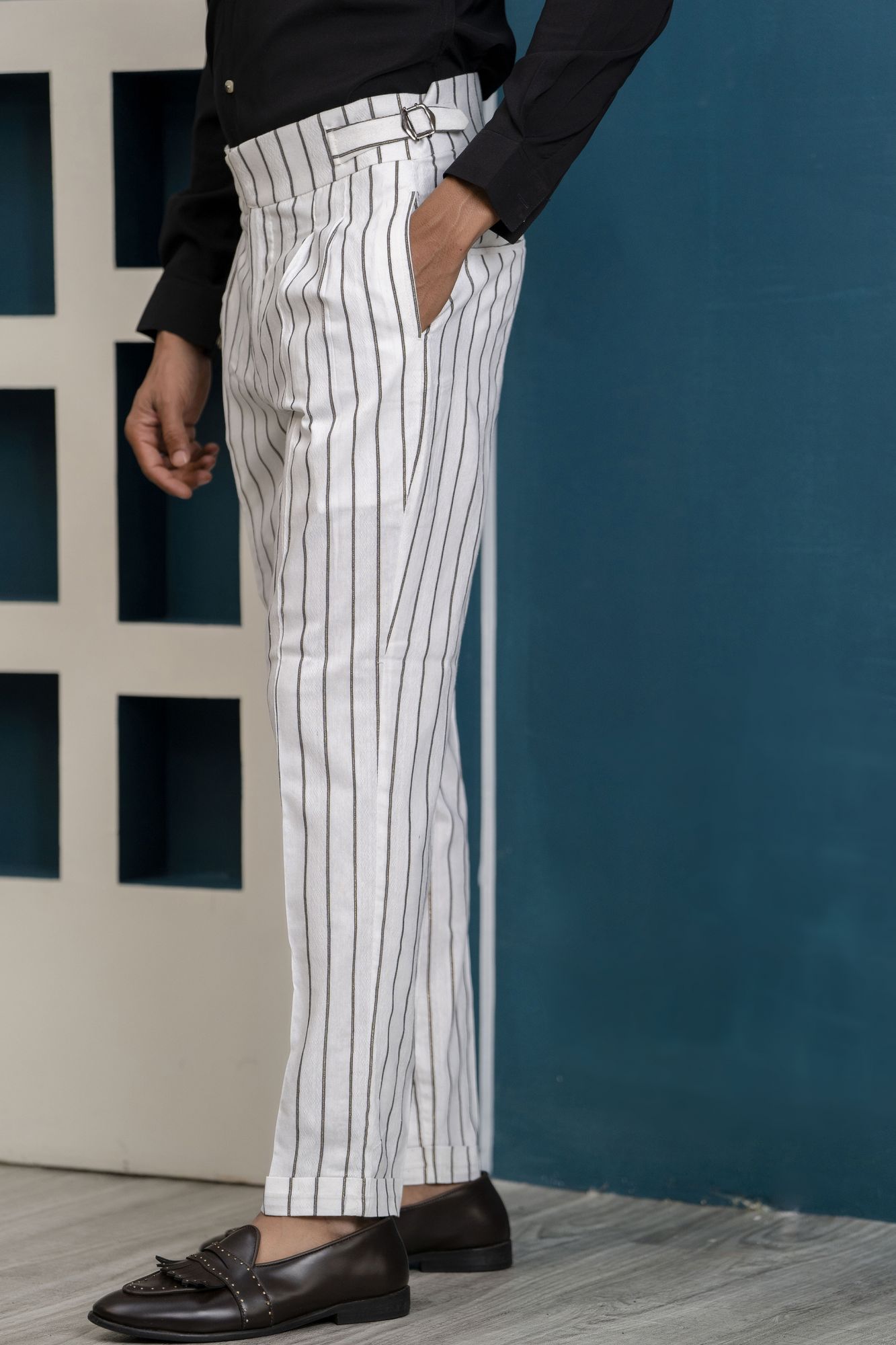 Striped High Waist Pants In White