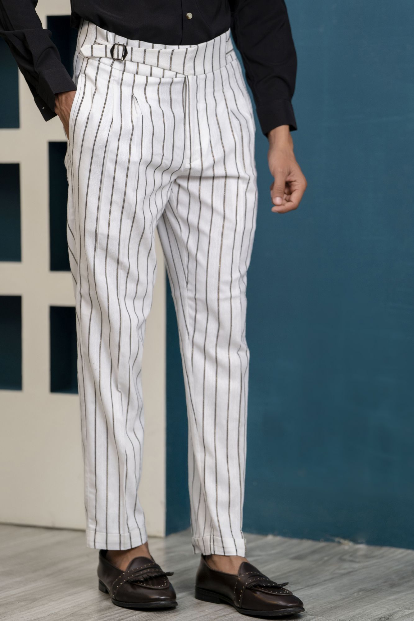Striped High Waist Pants In White