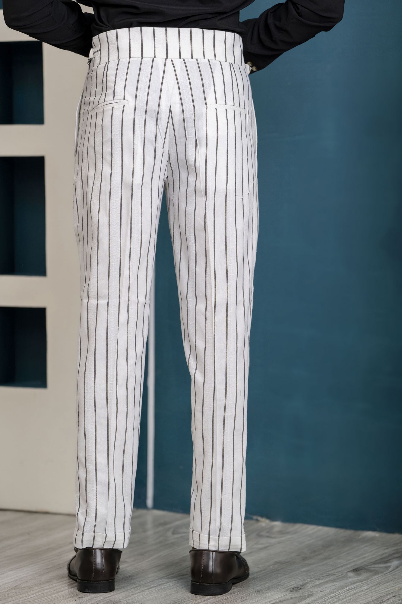 Striped High Waist Pants In White