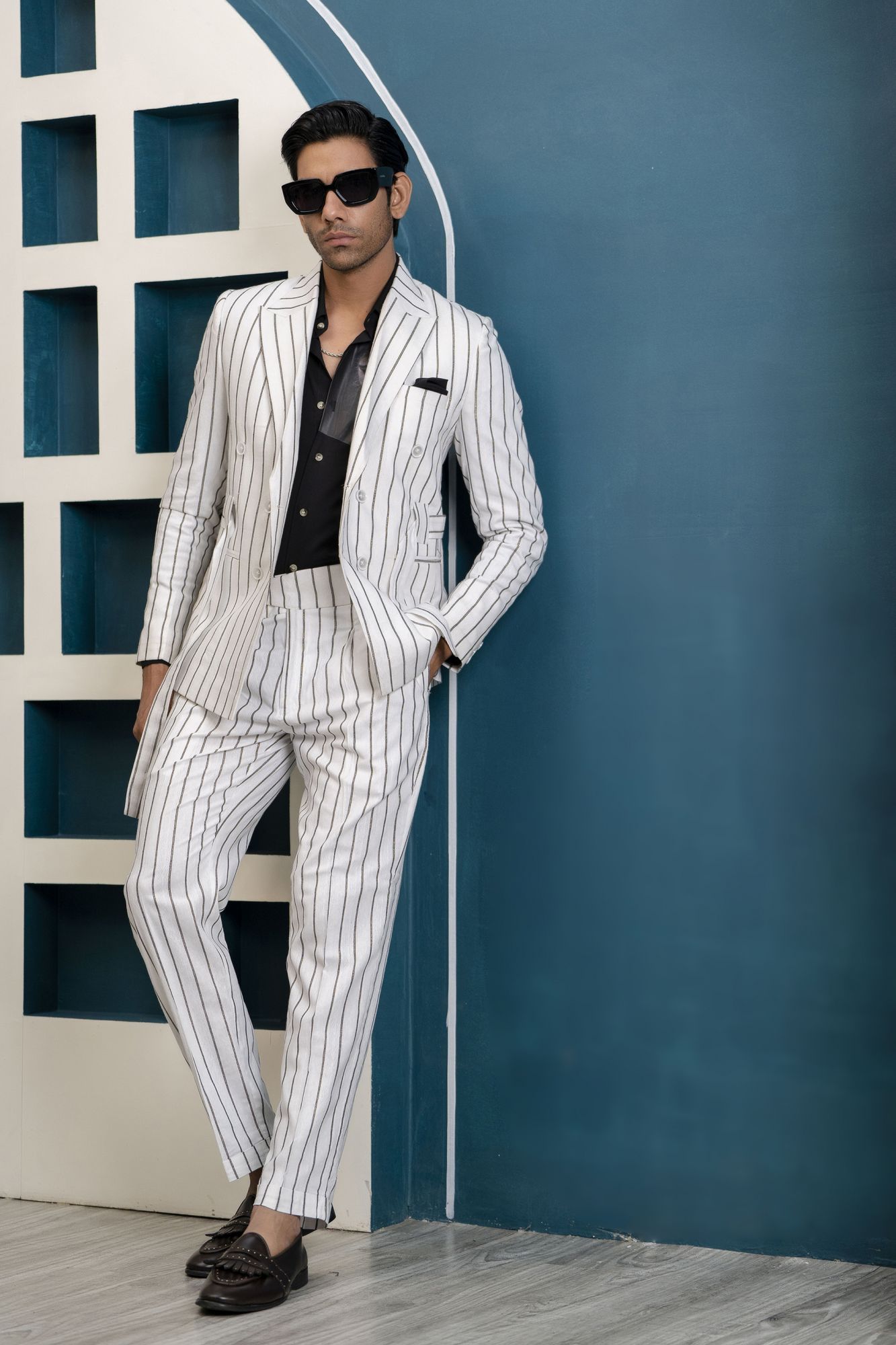 Striped High Waist Pants In White