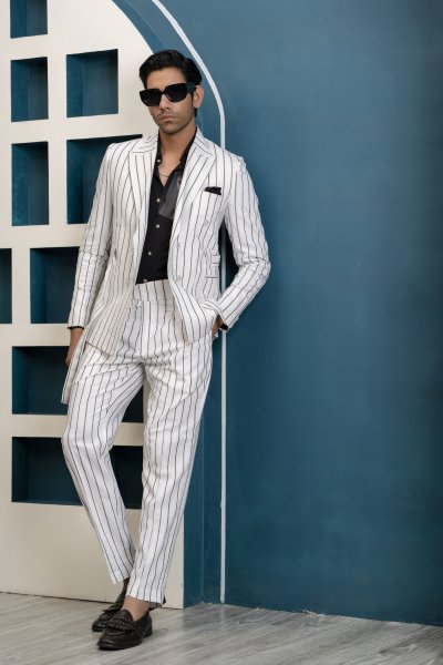 Striped Linen Blazer In White