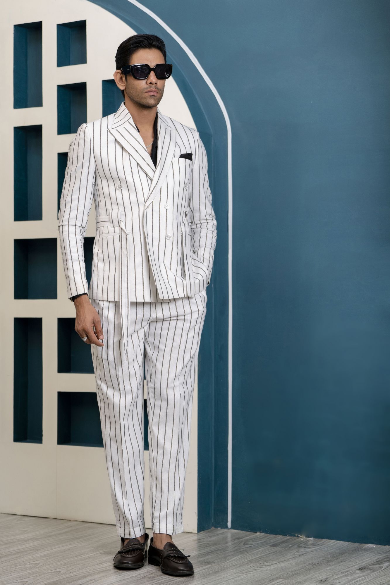 Striped Linen Blazer In White