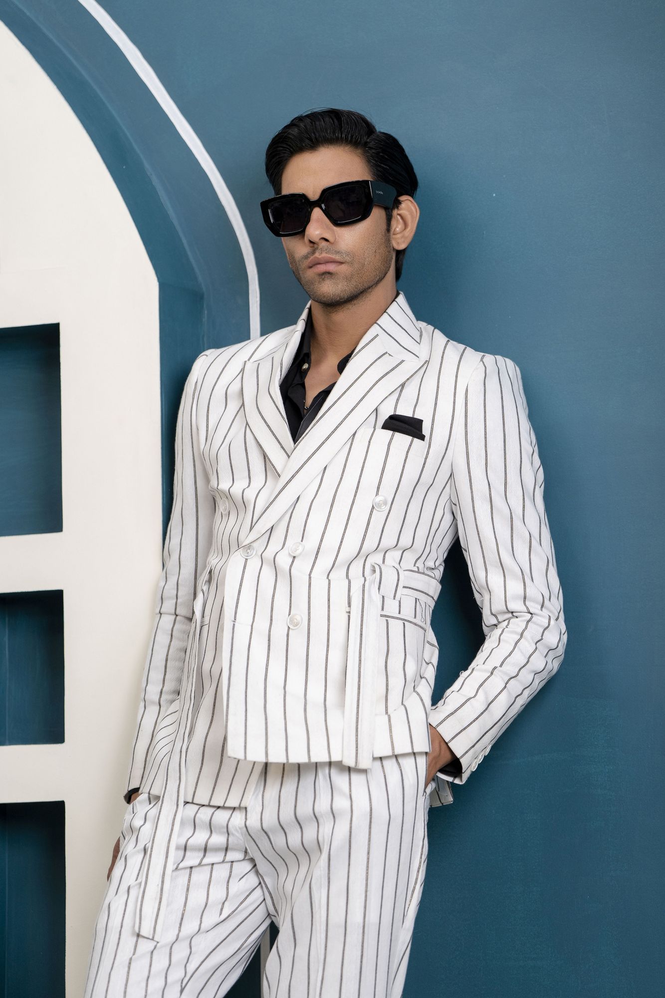 Striped Linen Blazer In White