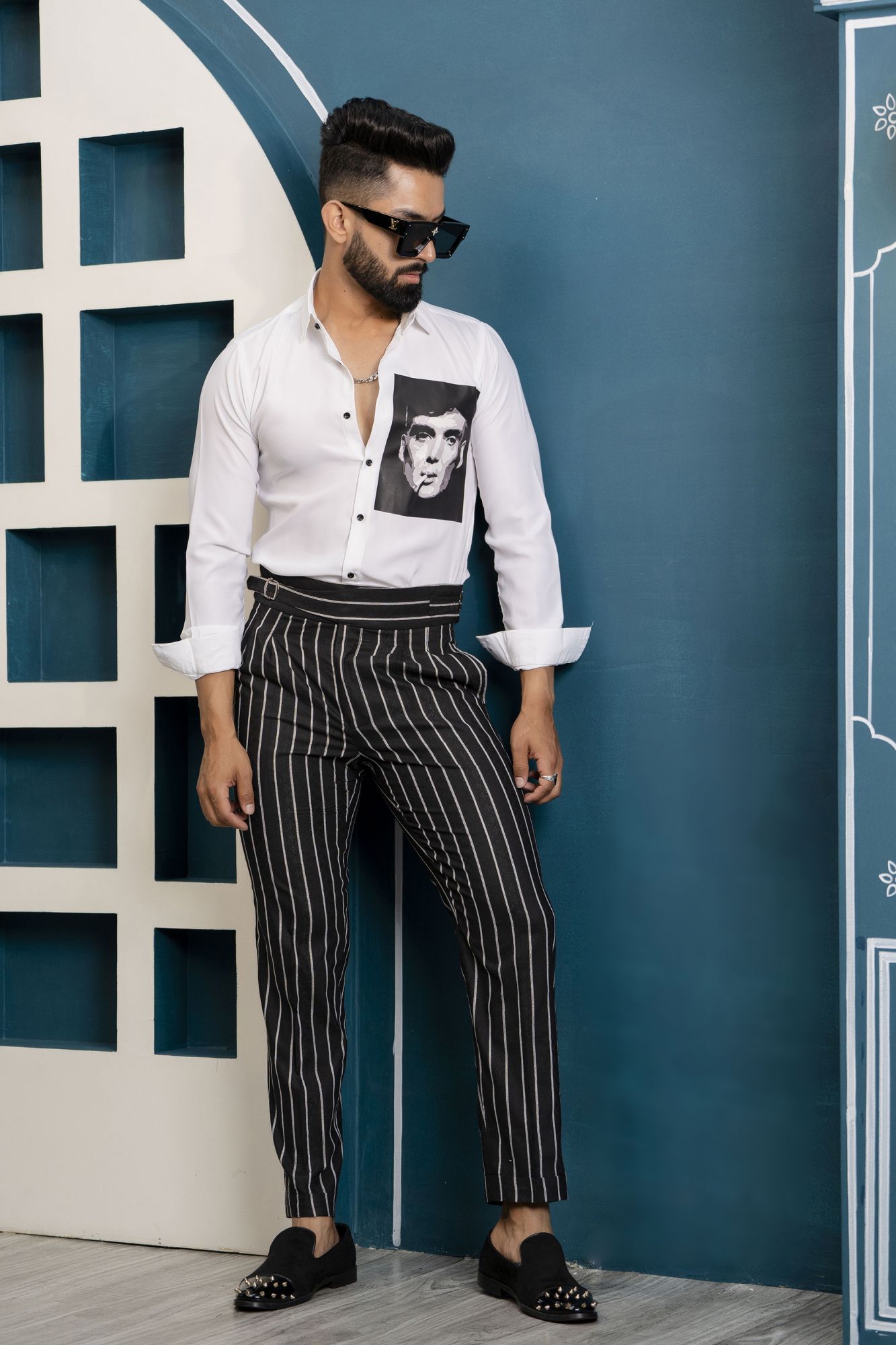 Striped High Waist Pants In Black