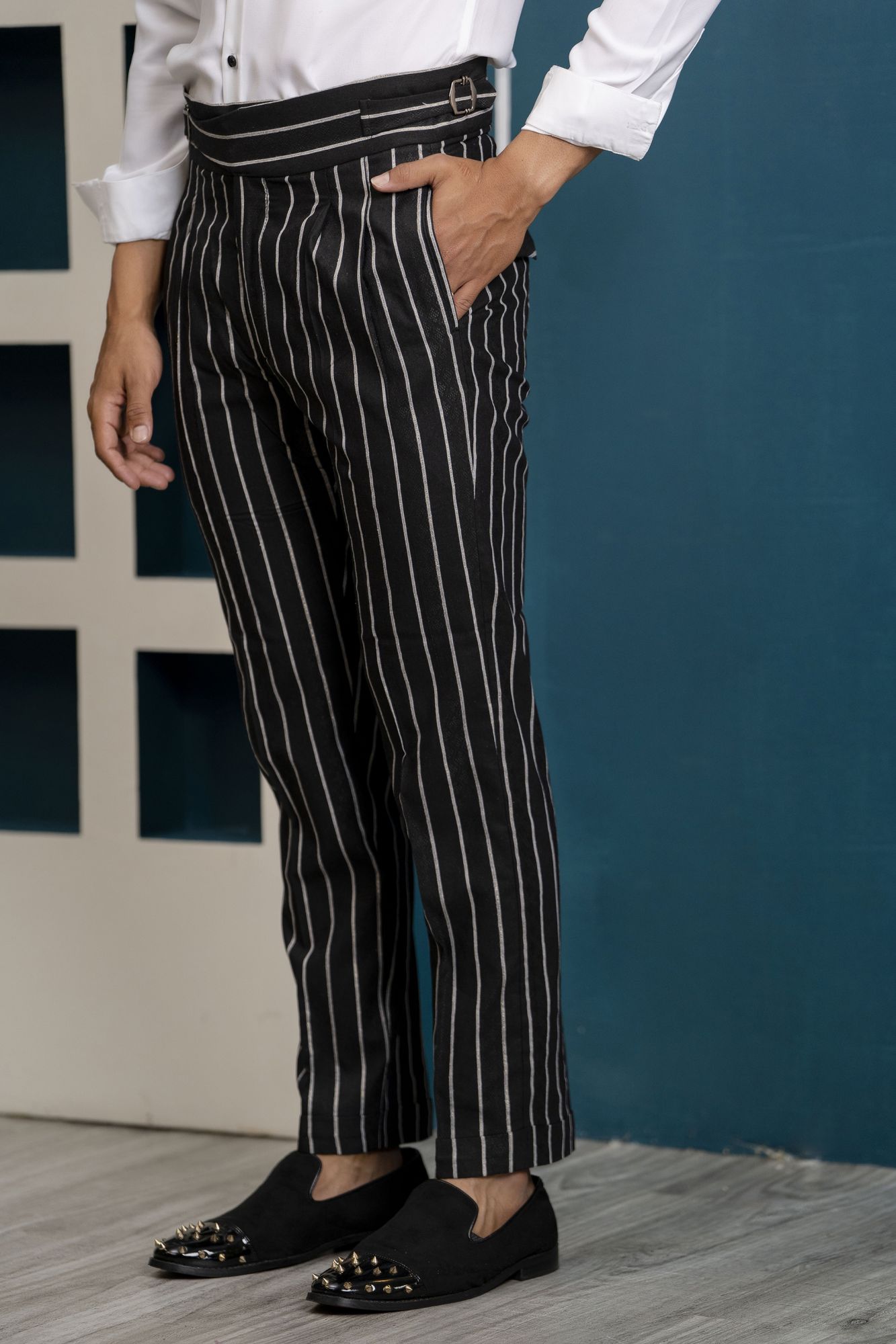 Striped High Waist Pants In Black