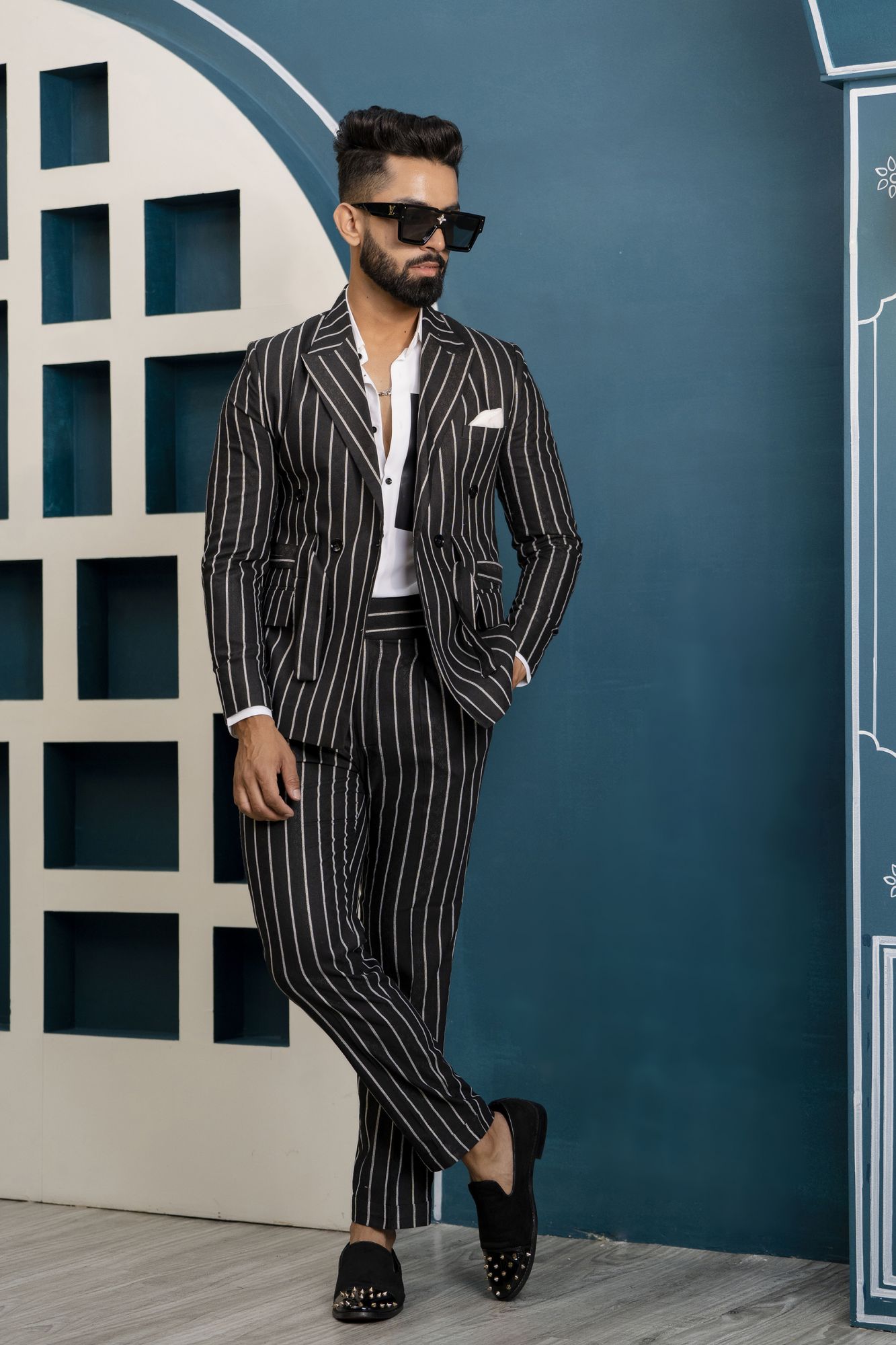 Striped Linen Blazer In Black
