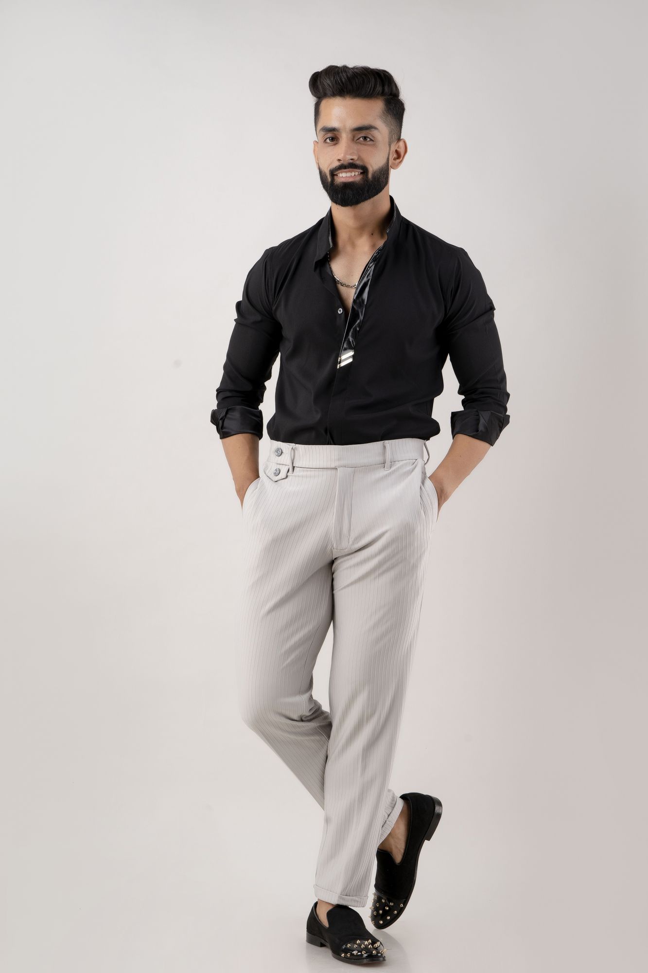 Textured Striped Pants In Grey