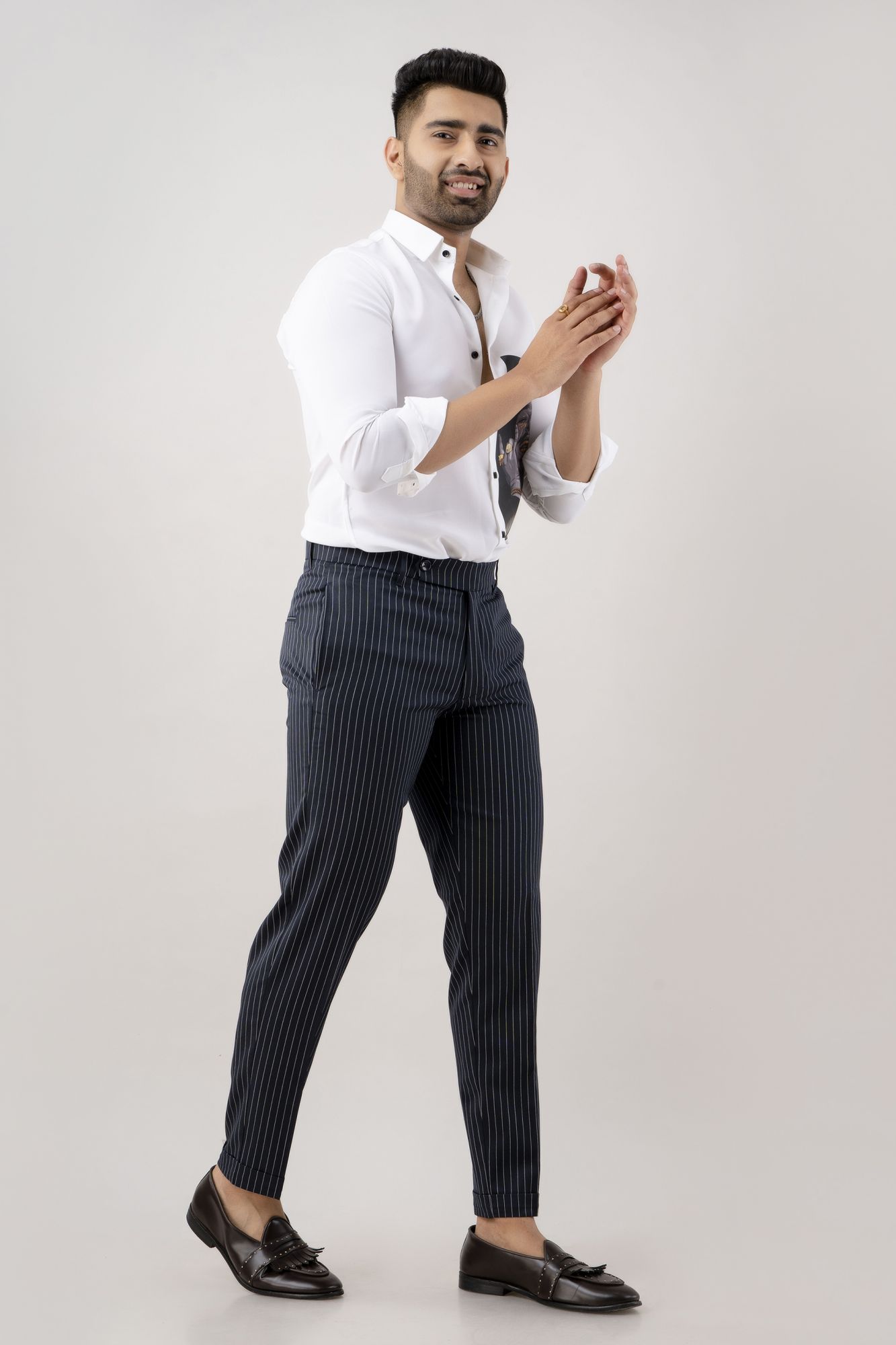 Striped Tailored Fit Pants In Blue