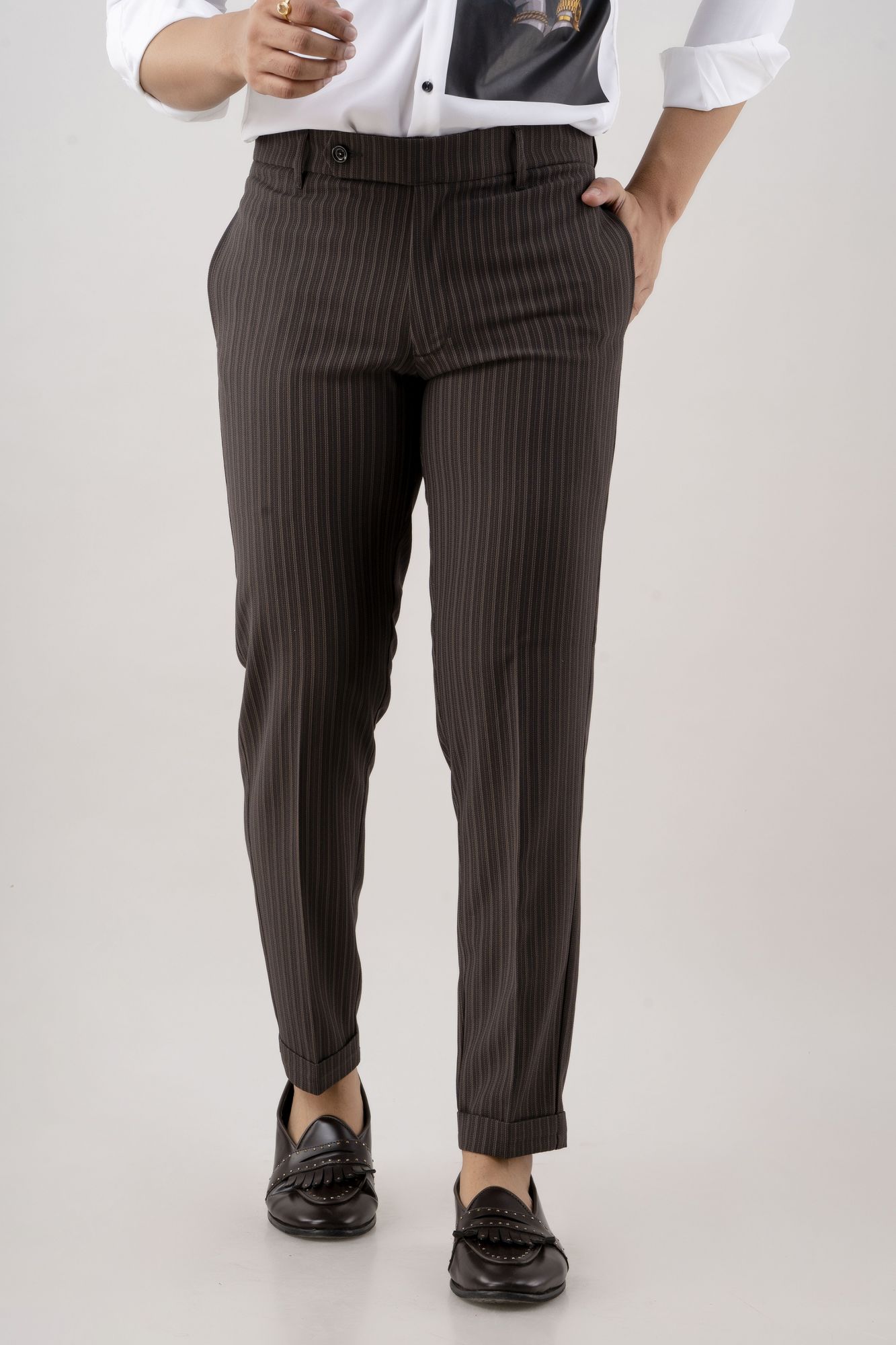 Textured Striped Pants In Dark Brown