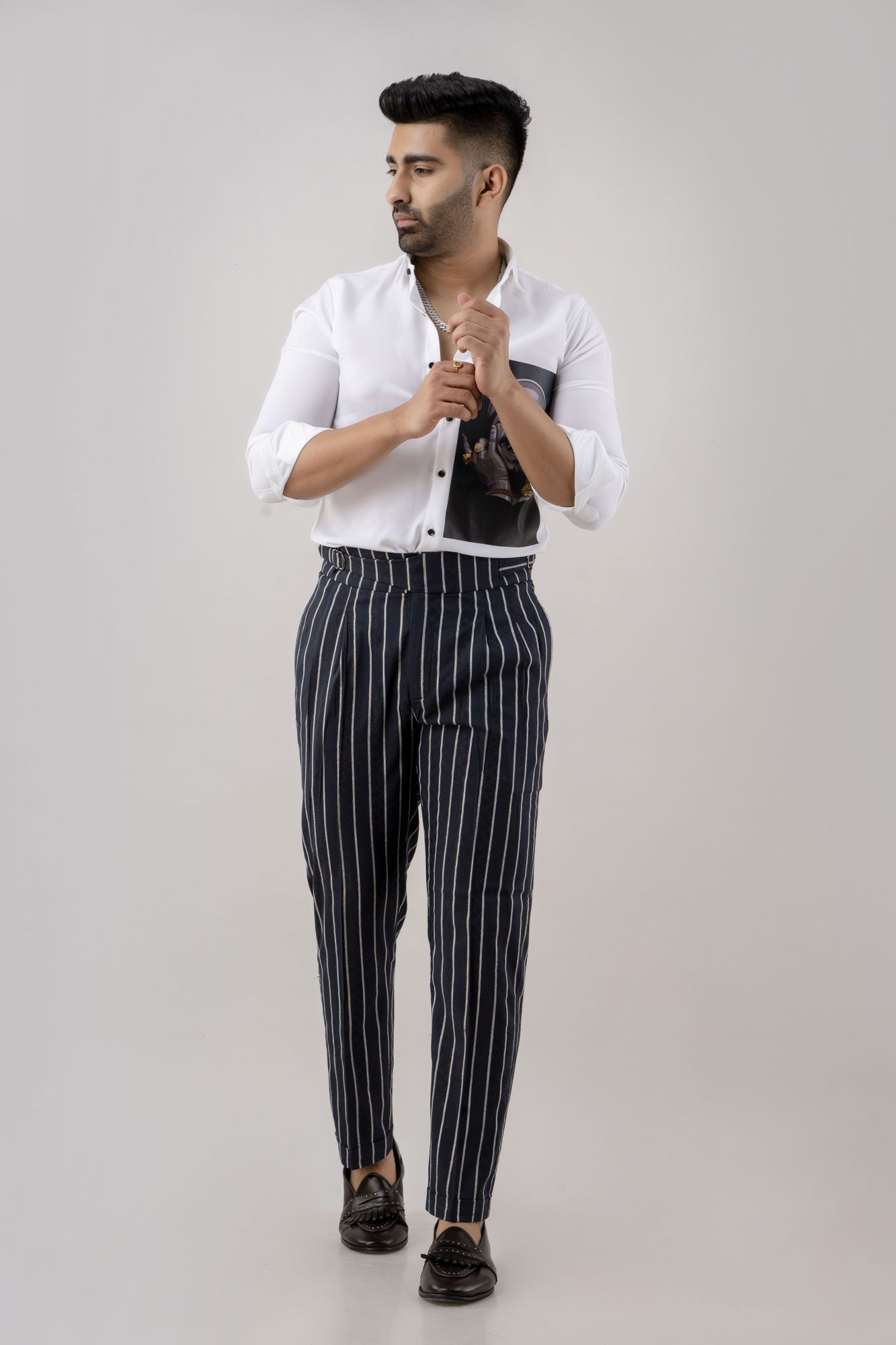 Striped High Waist Pants In Blue