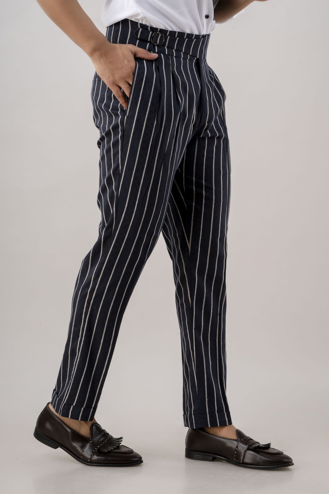Striped High Waist Pants In Blue
