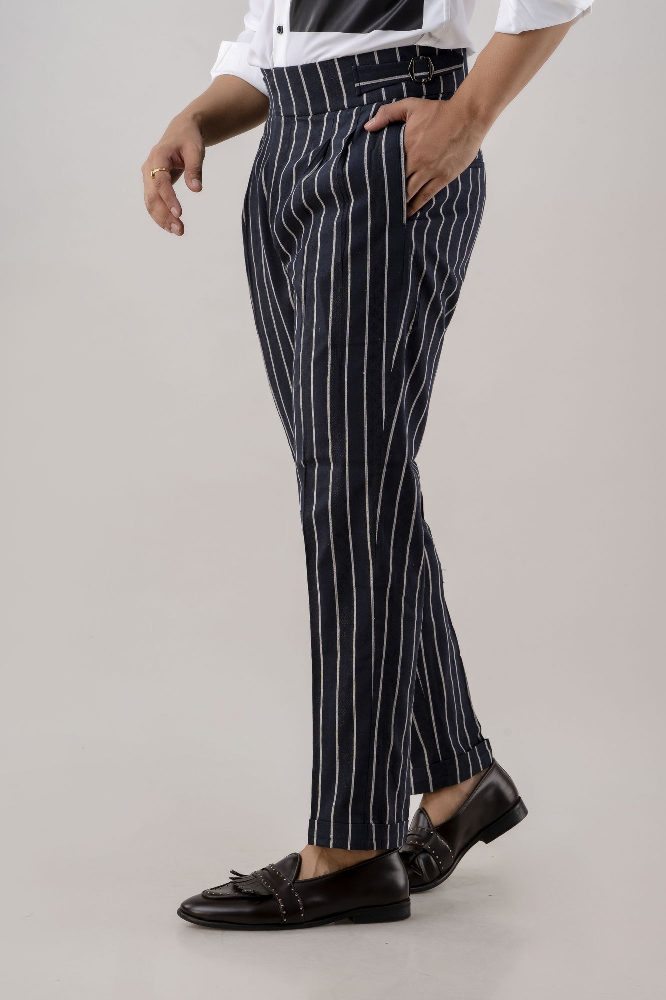 Striped High Waist Pants In Blue
