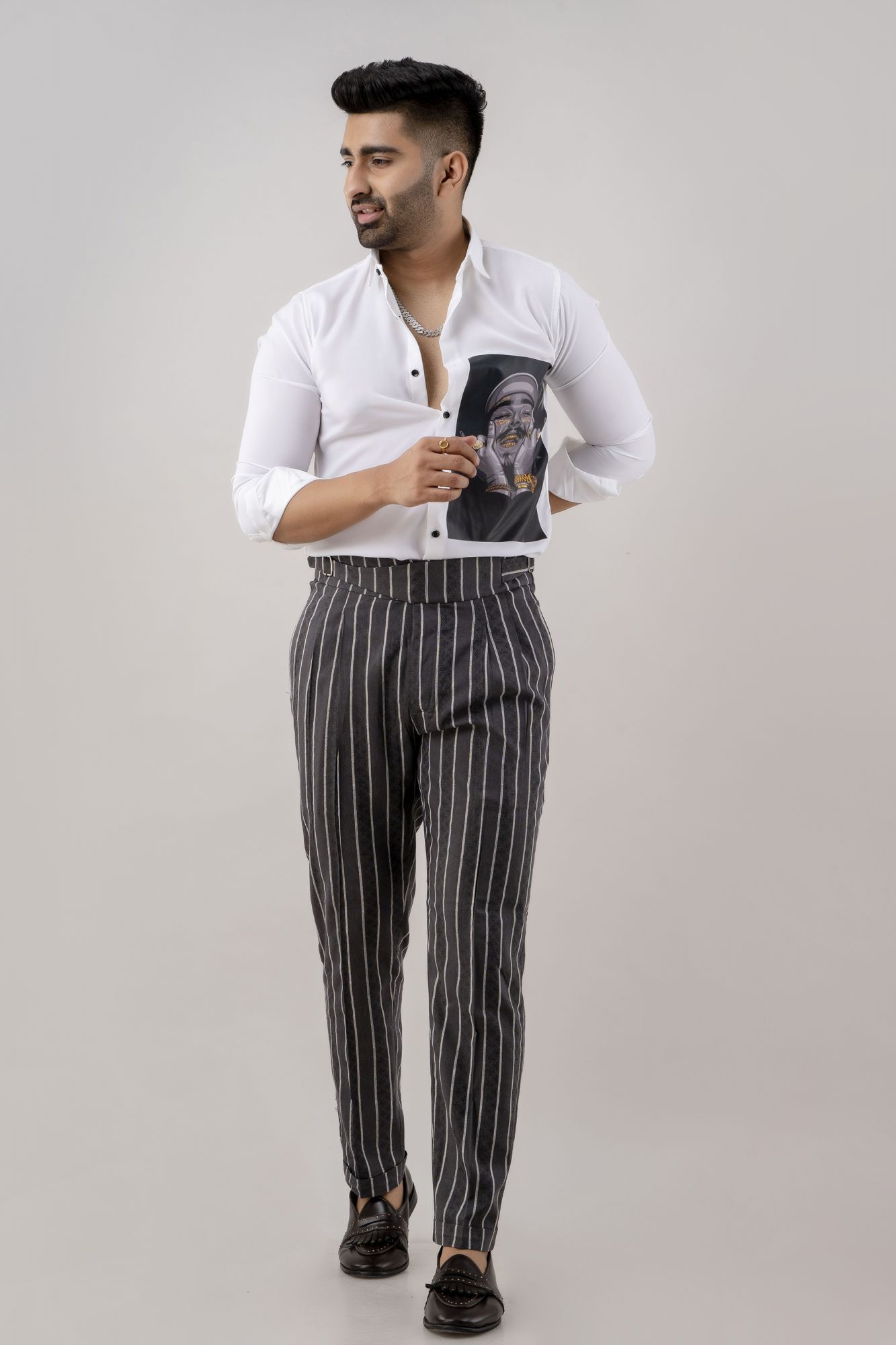 Striped High Waist Pants In Grey