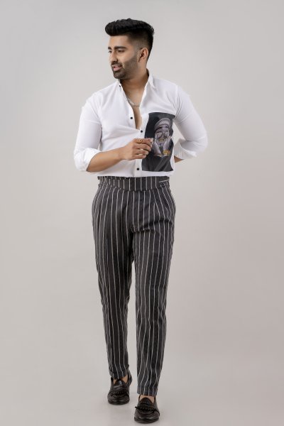 Striped High Waist Pants In Grey