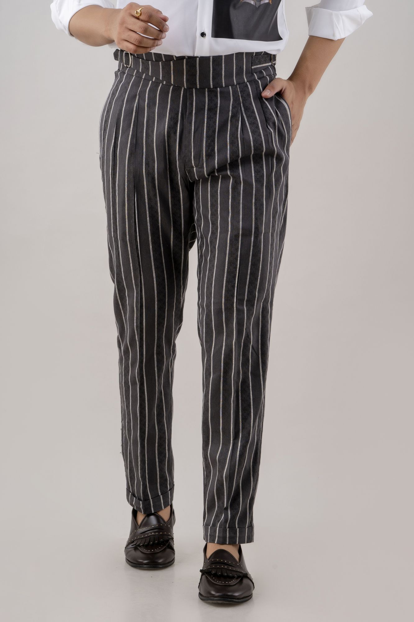 Striped High Waist Pants In Grey