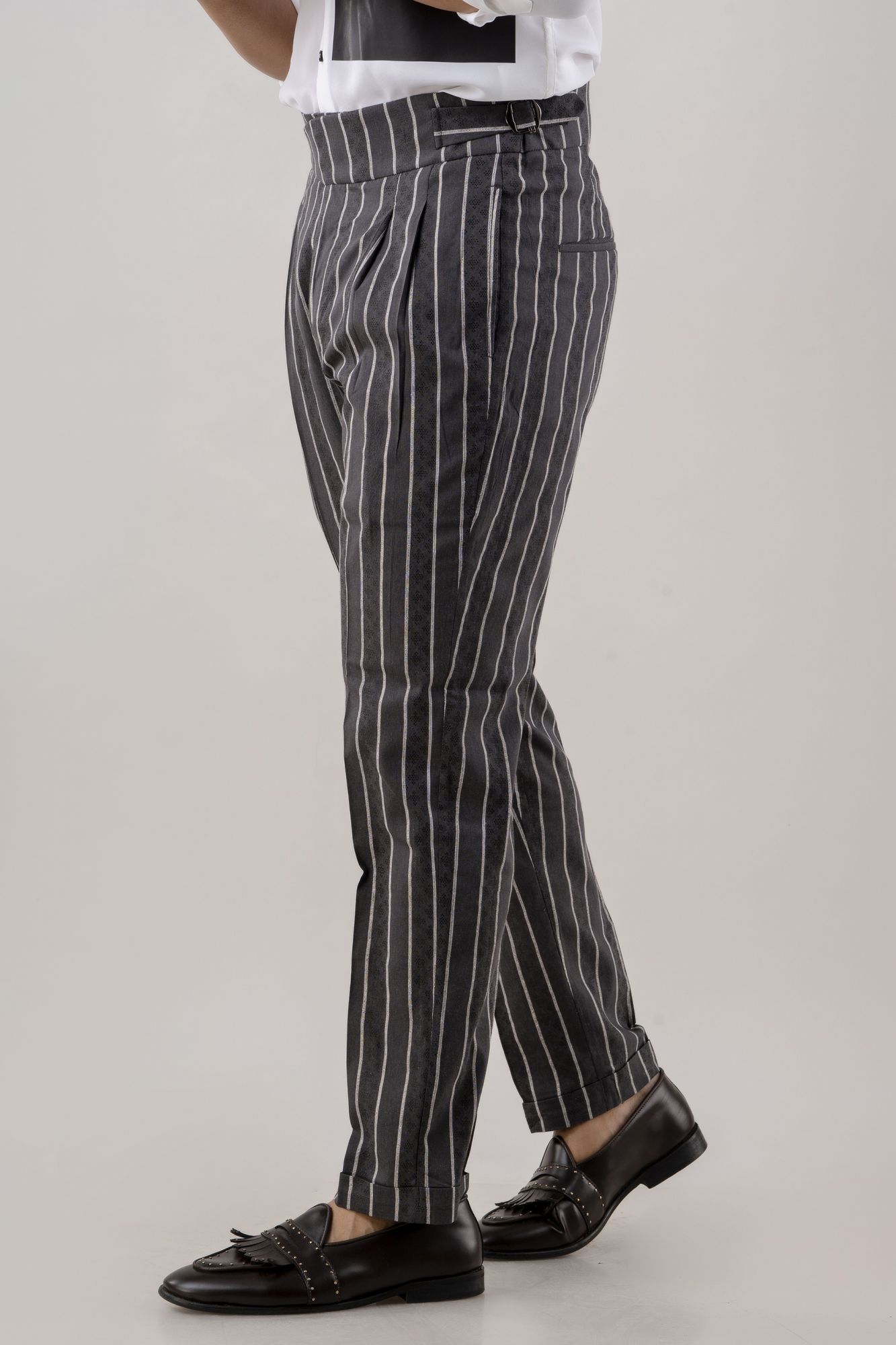 Striped High Waist Pants In Grey