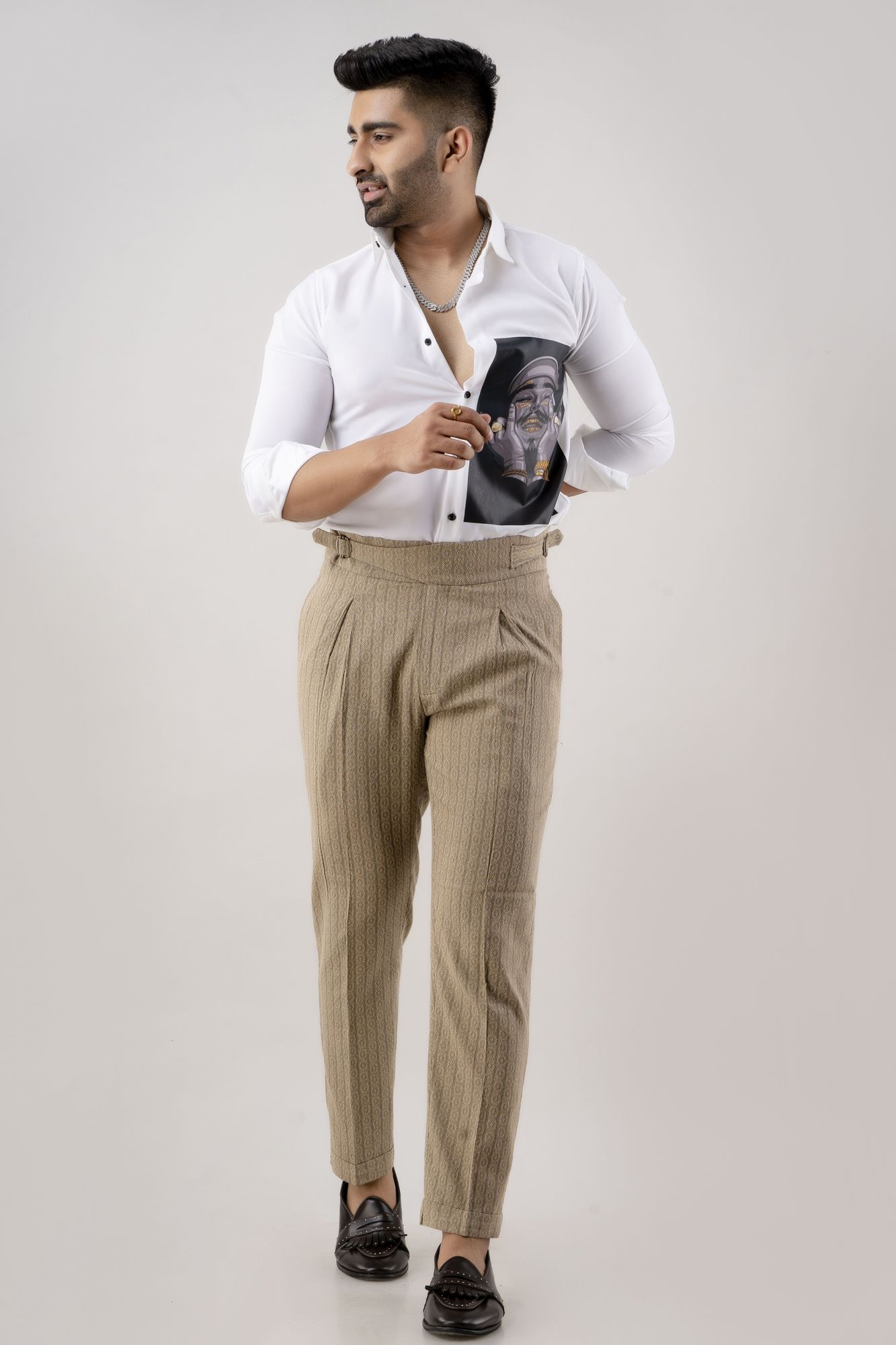 Textured High Waist Pants In Brown