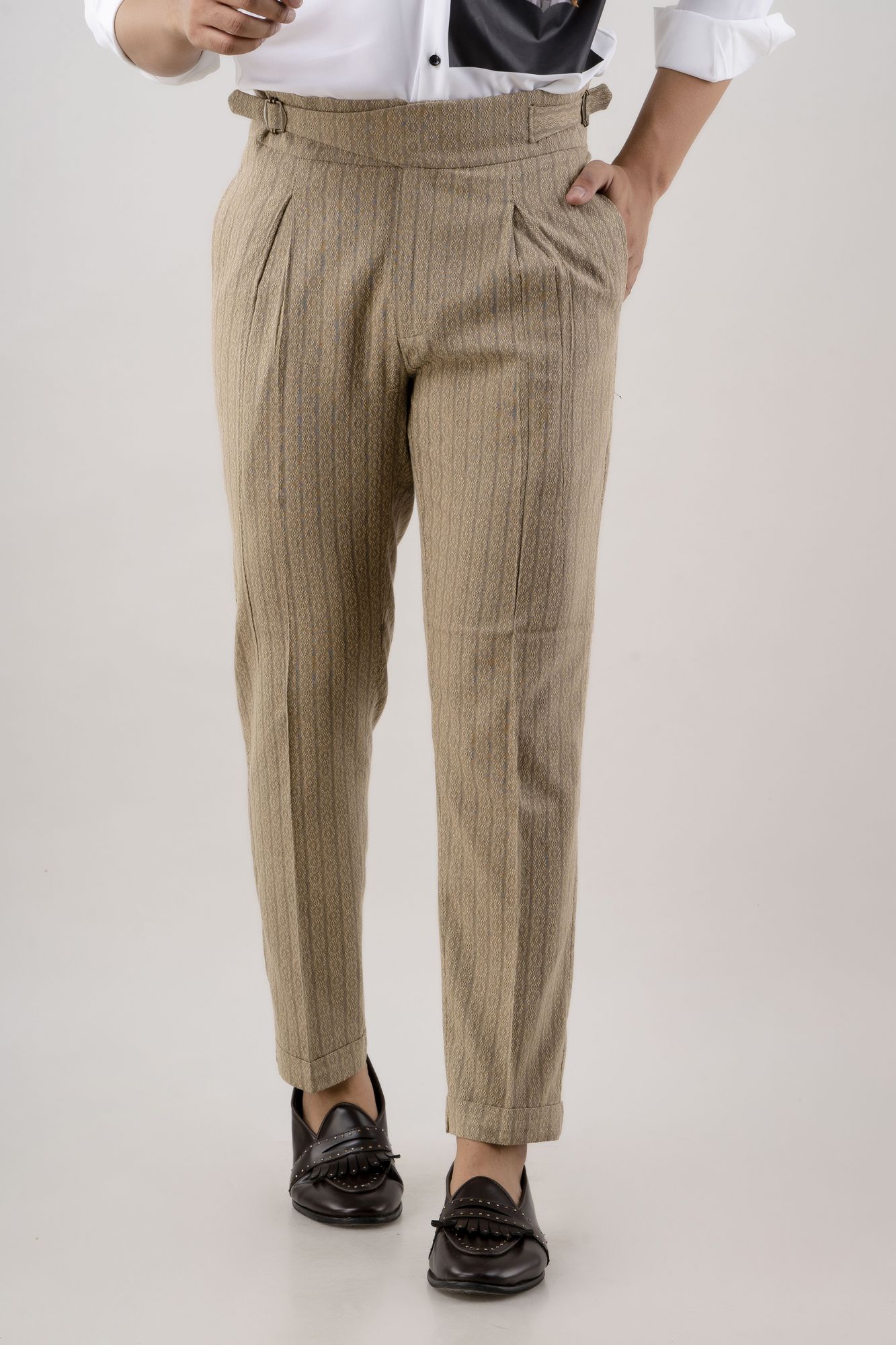 Textured High Waist Pants In Brown