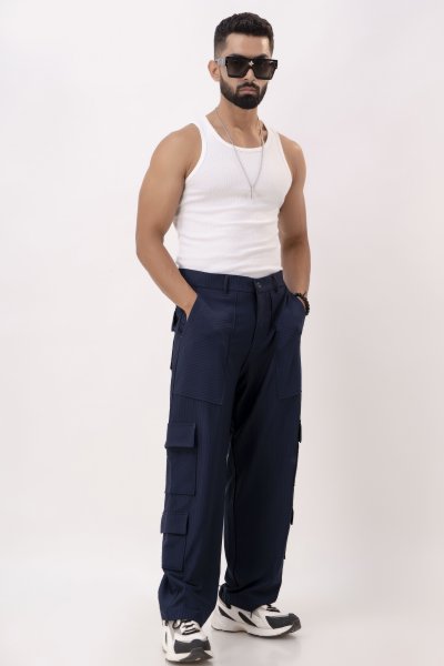 Blue Self Striped Cargo Pants