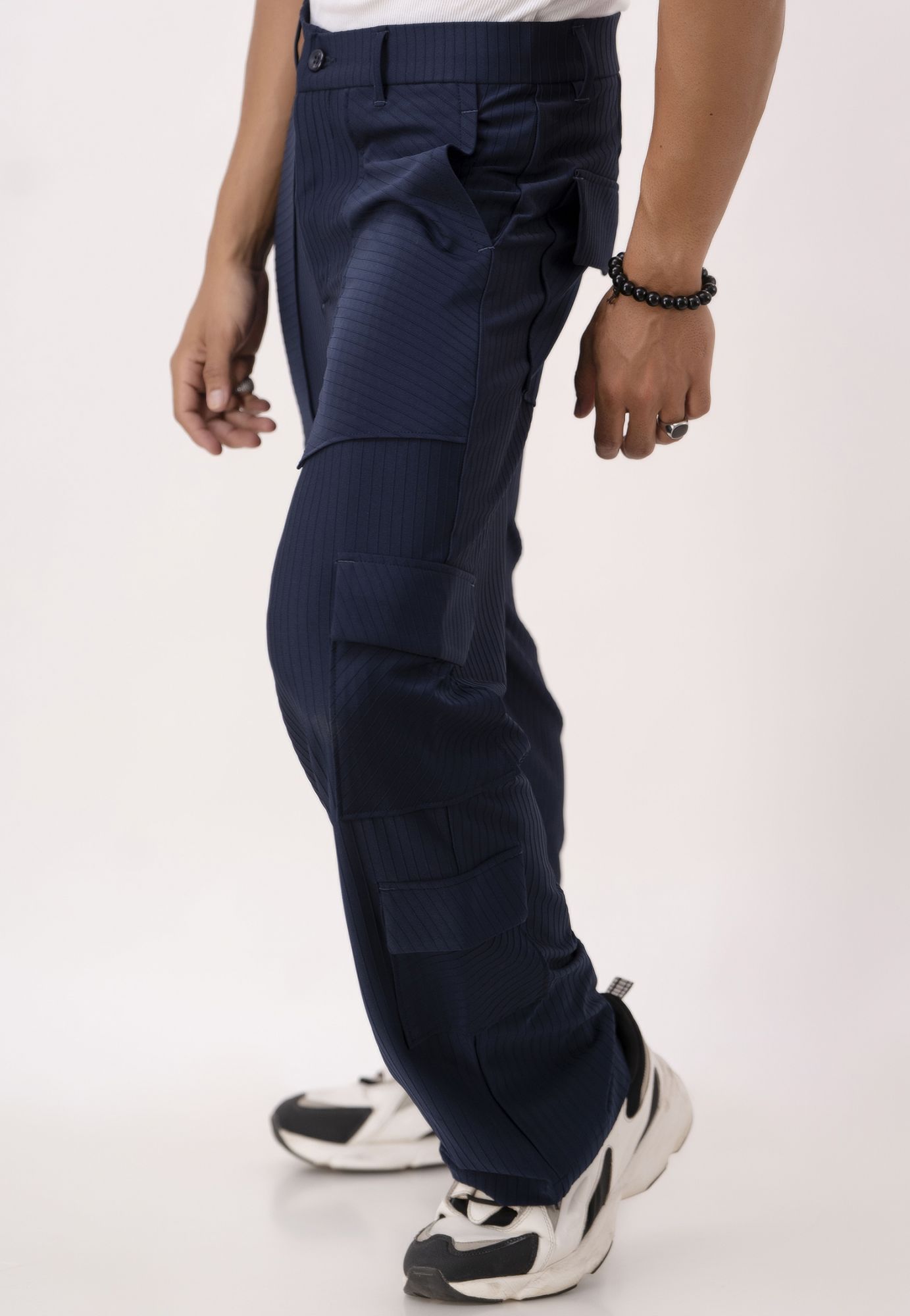 Blue Self Striped Cargo Pants