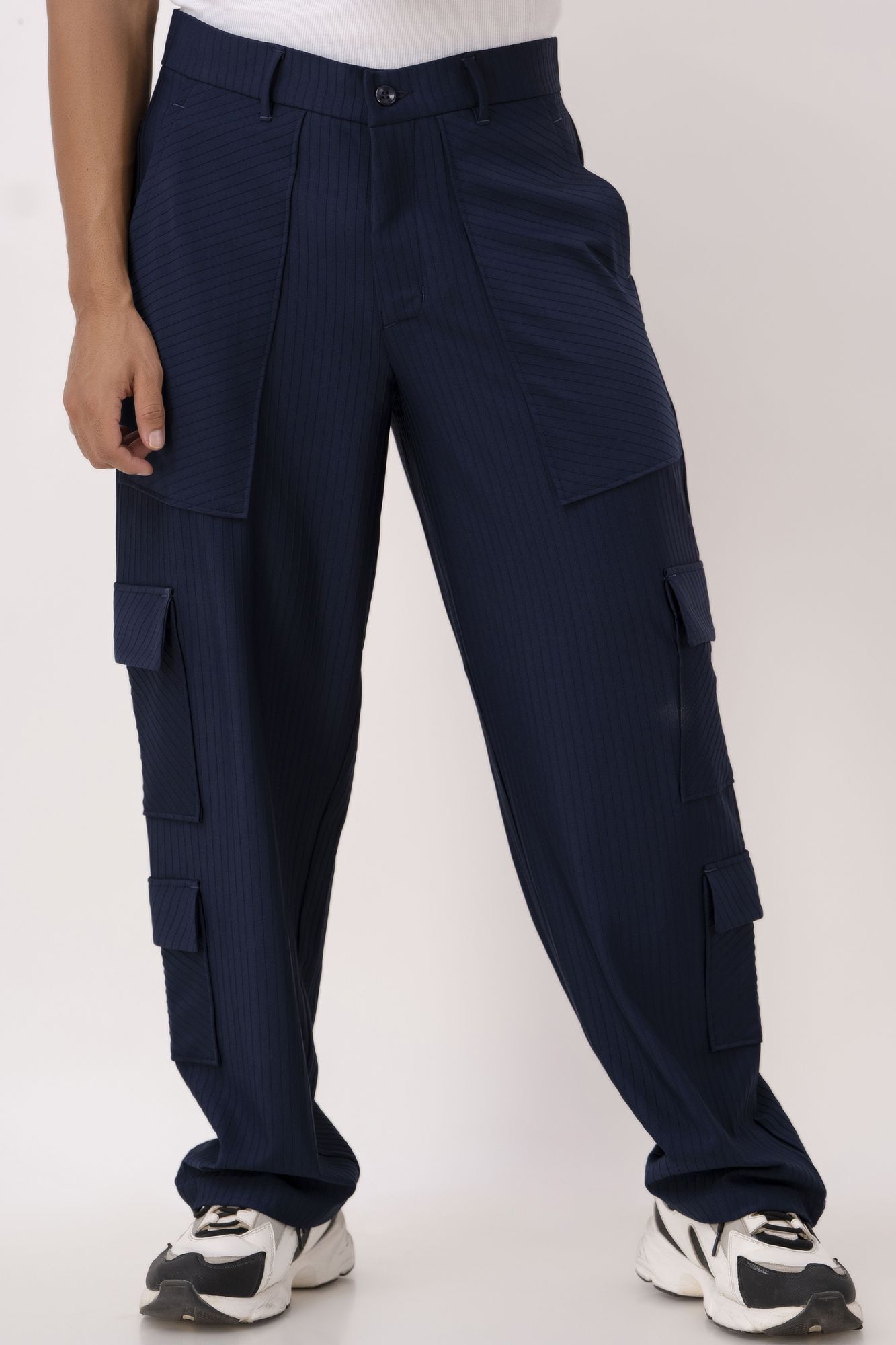 Blue Self Striped Cargo Pants