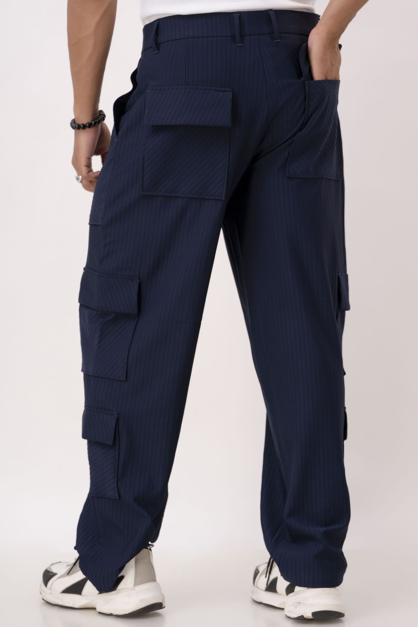 Blue Self Striped Cargo Pants