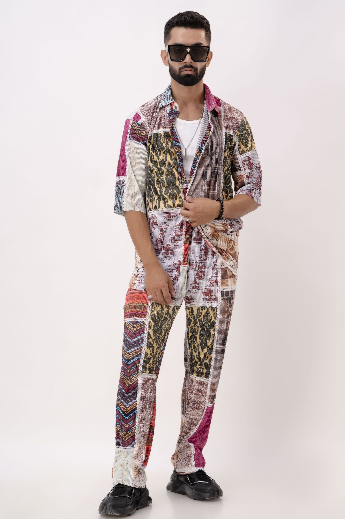 Multicolor Pleated Elastic Pants