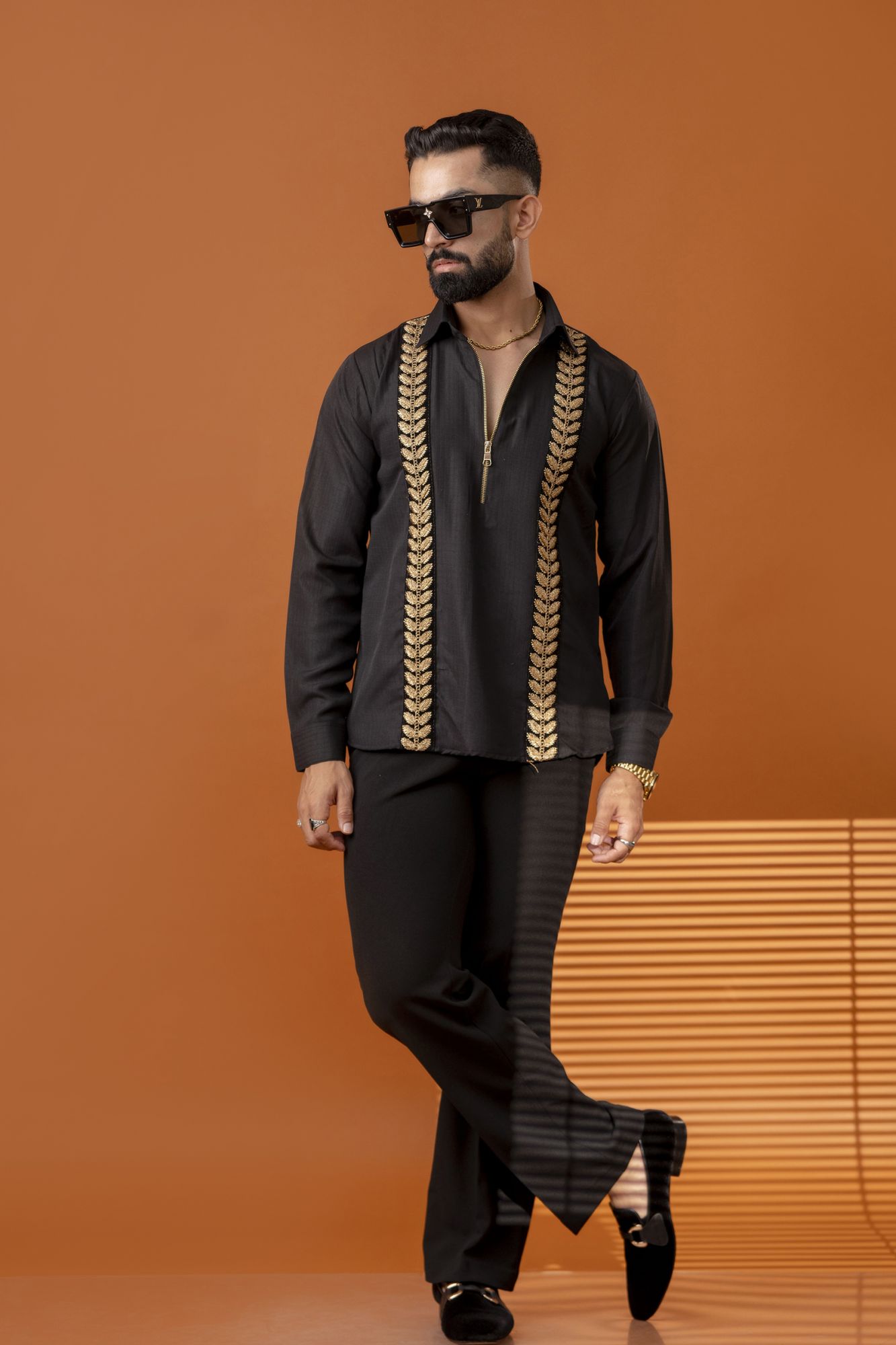 Golden Laced Chain Up Shirt In Black