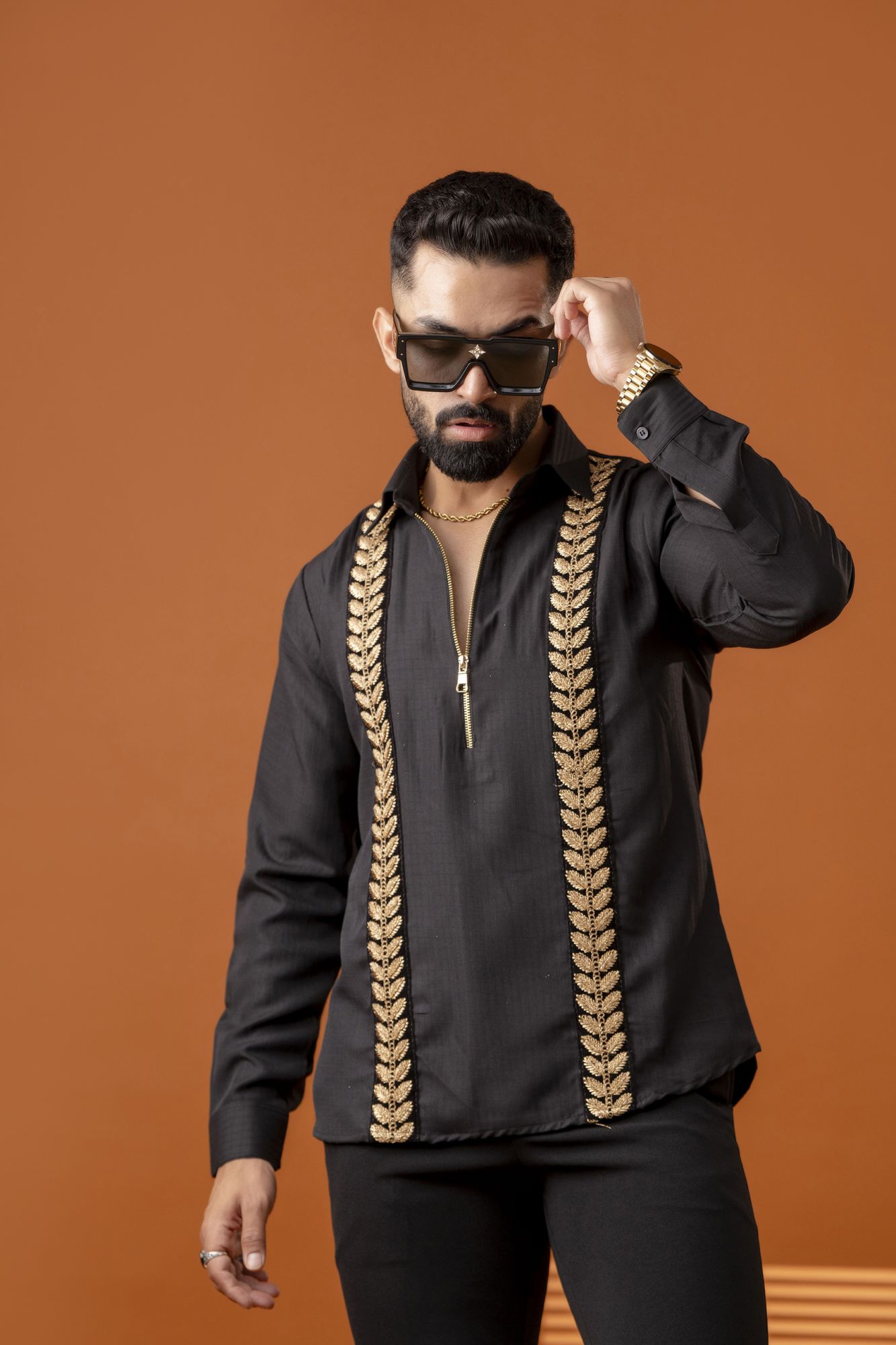 Golden Laced Chain Up Shirt In Black