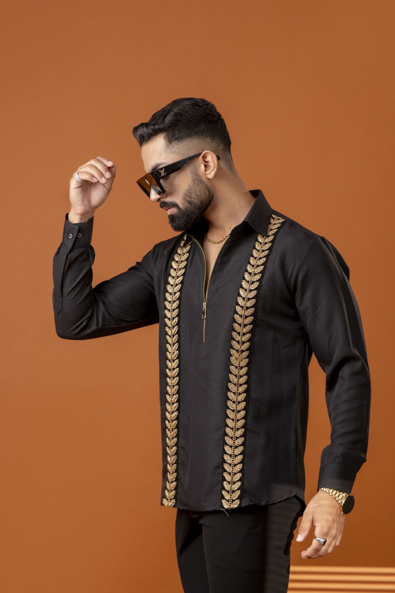 Golden Laced Chain Up Shirt In Black