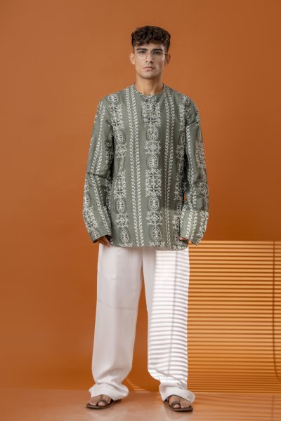 Printed Short Kurta In Olive