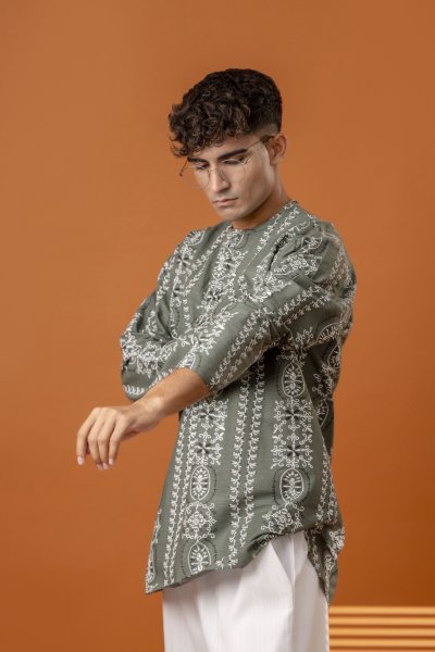 Printed Short Kurta In Olive