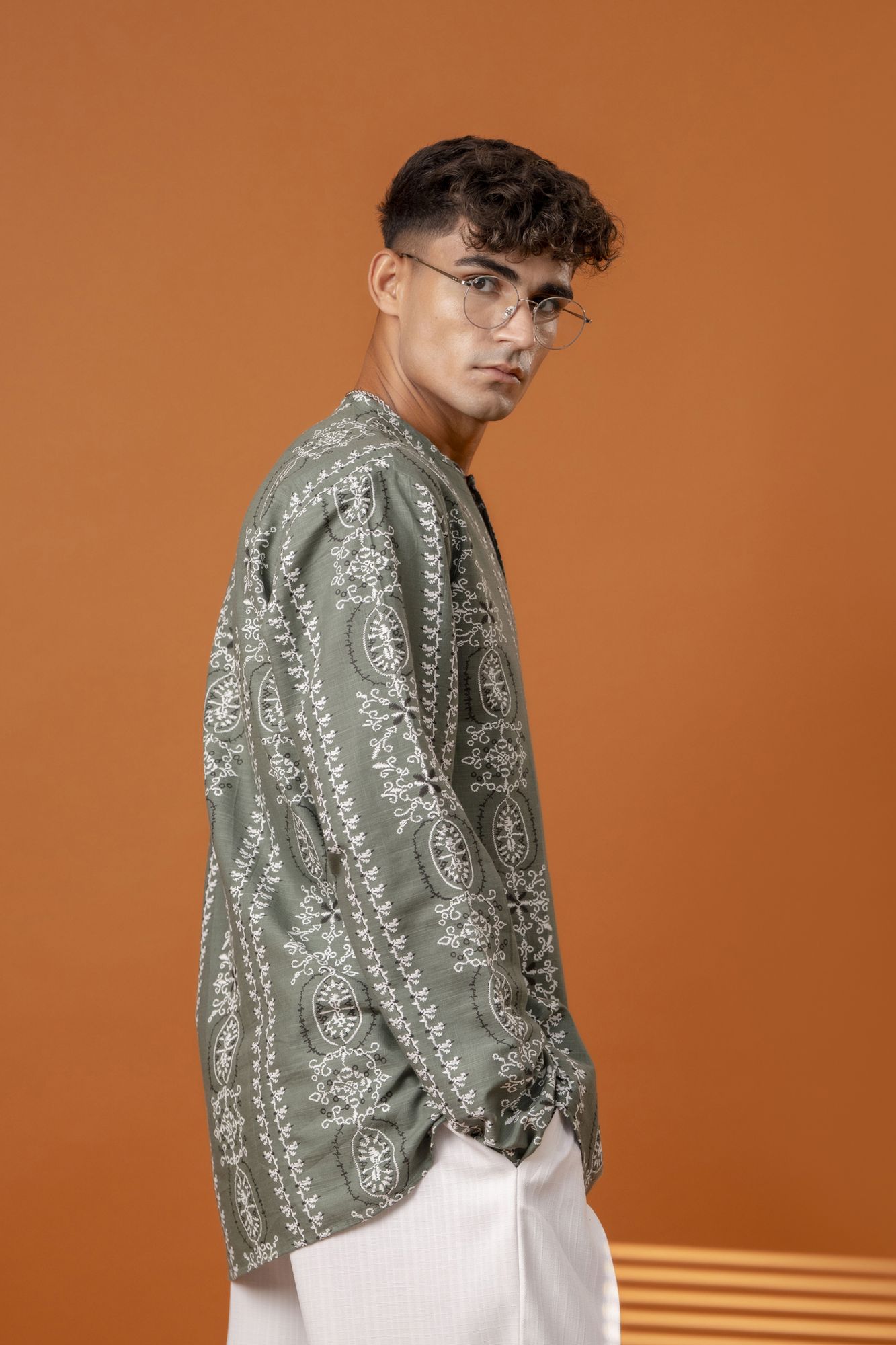 Printed Short Kurta In Olive