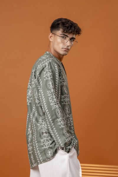 Printed Short Kurta In Olive