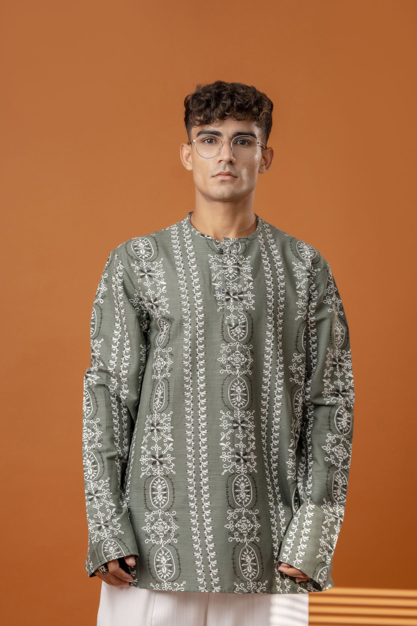 Printed Short Kurta In Olive