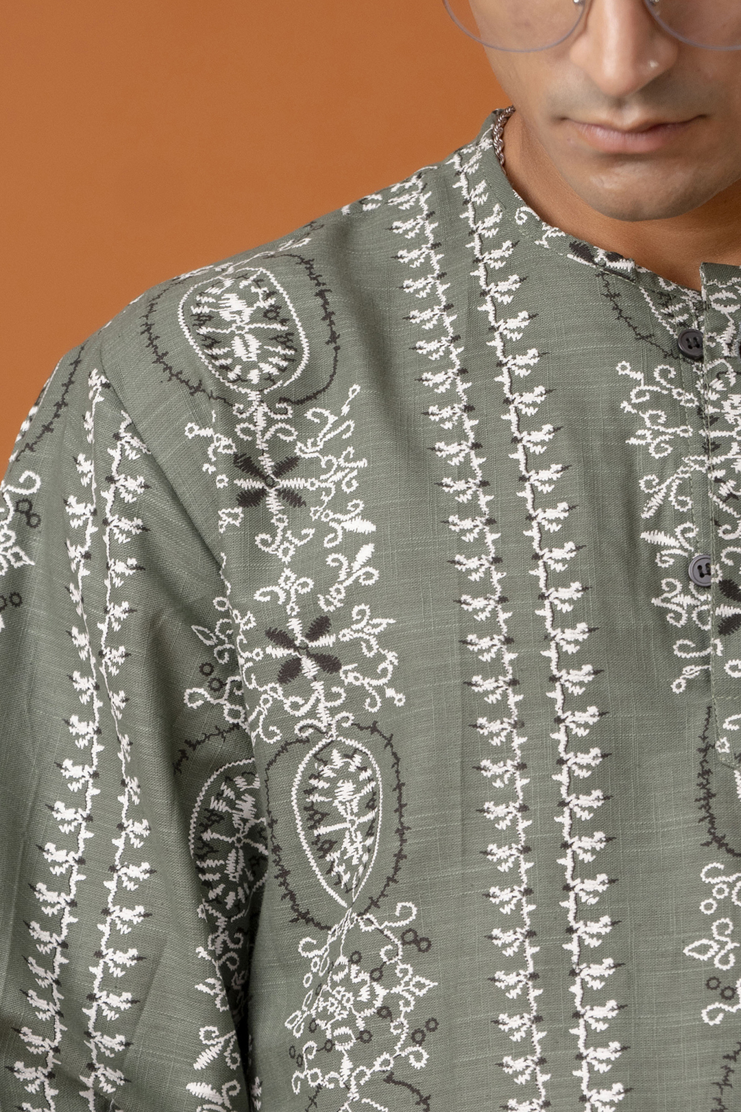 Printed Short Kurta In Olive