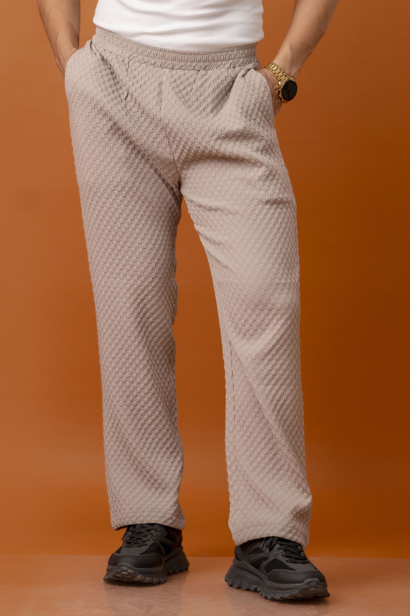 Brown Bubble Check Elastic Pants
