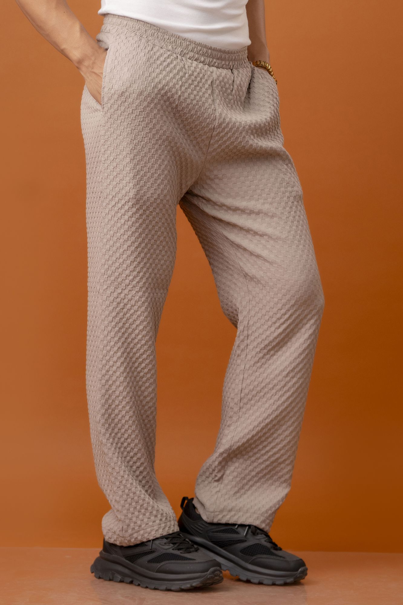 Brown Bubble Check Elastic Pants
