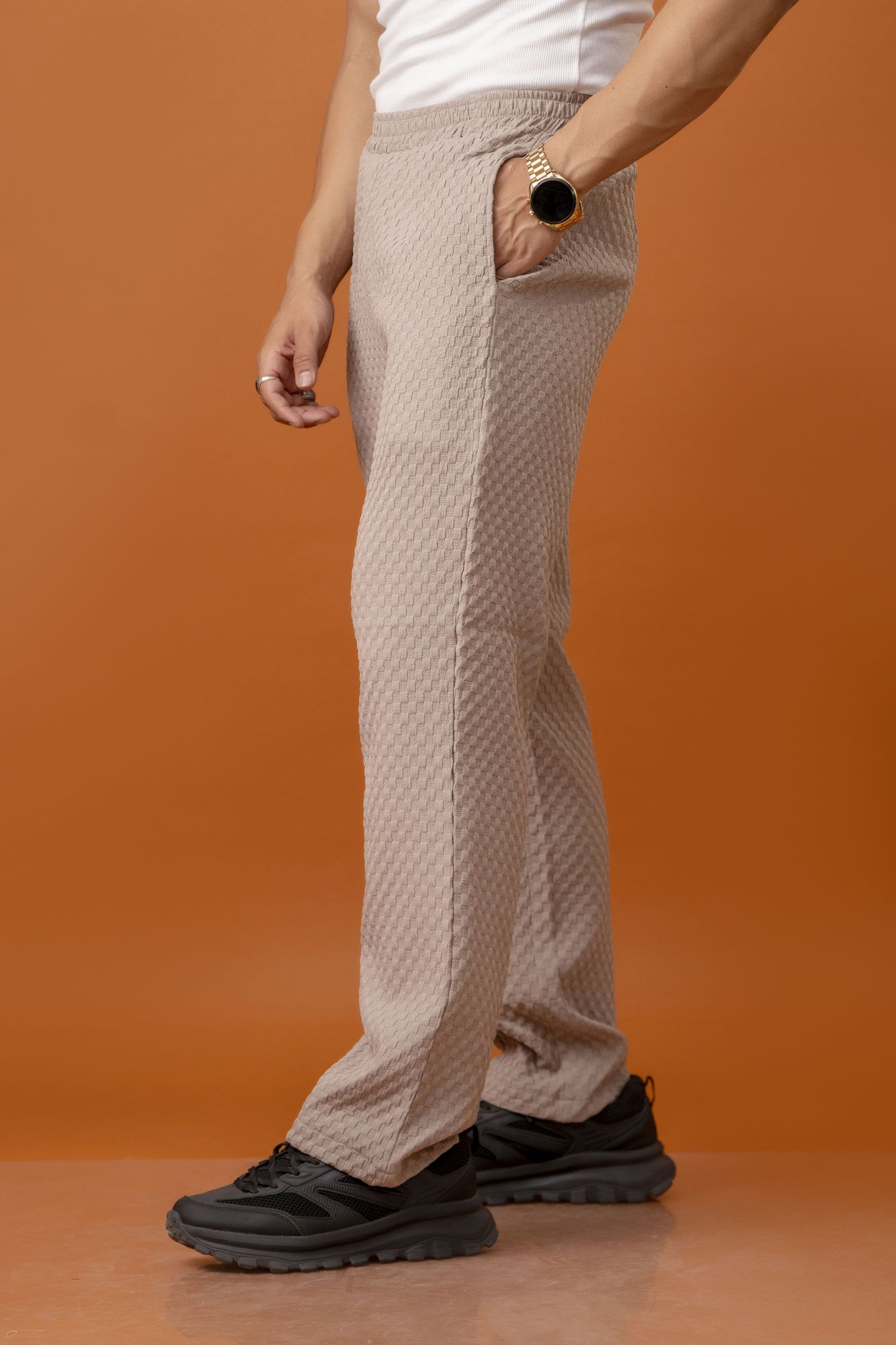 Brown Bubble Check Elastic Pants