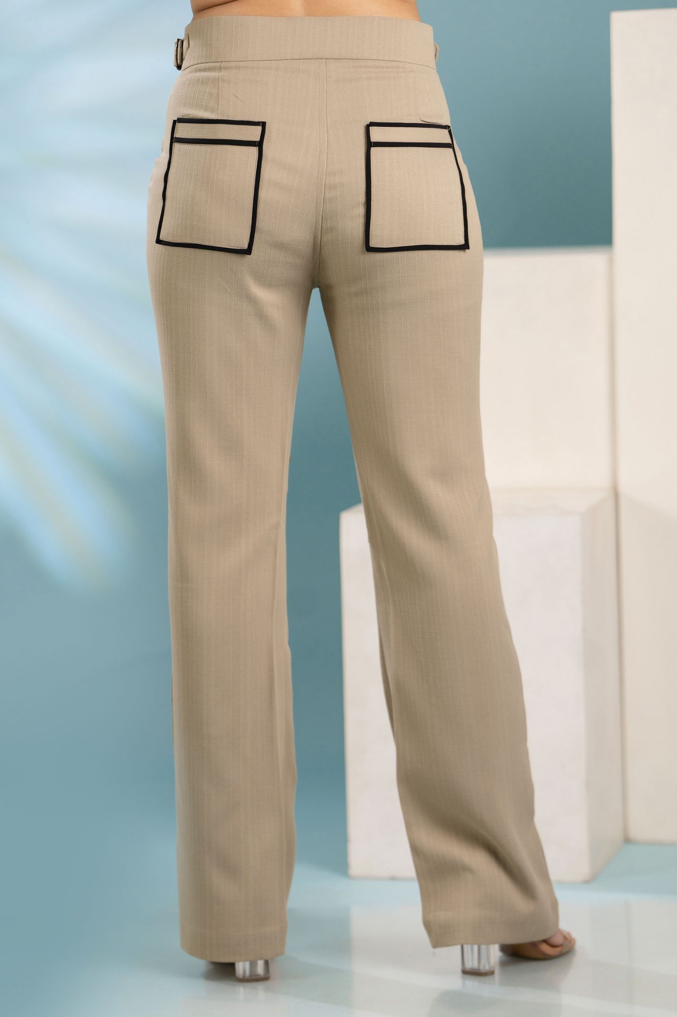 Beige Black Pockets Pants