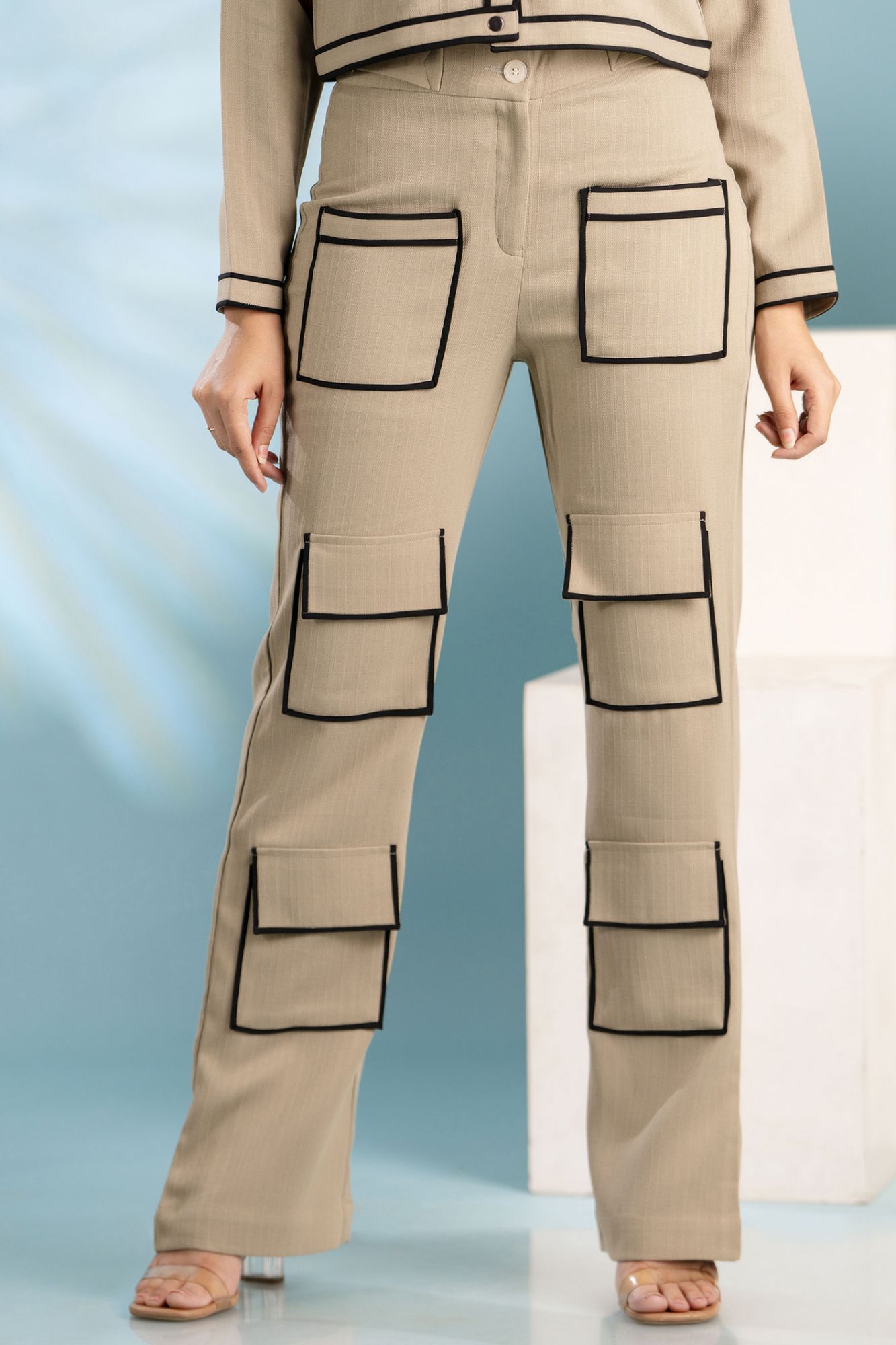 Beige Black Pockets Pants